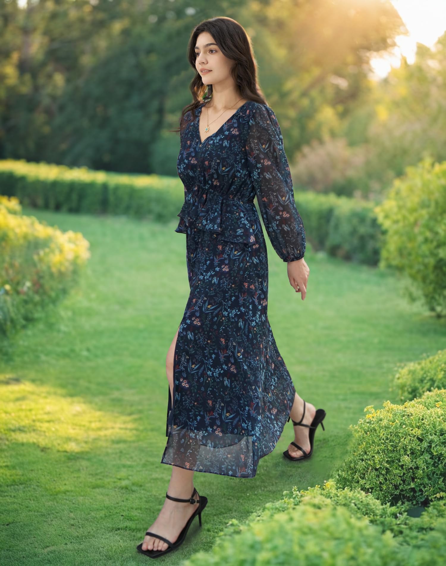 Floral Split Midi Dress for Women - Elegant Long Sleeve Chiffon Dress with Ruffle Details & Pockets | Perfect for Spring Weddings, Bridal Showers, Garden Parties & Formal Events 2025