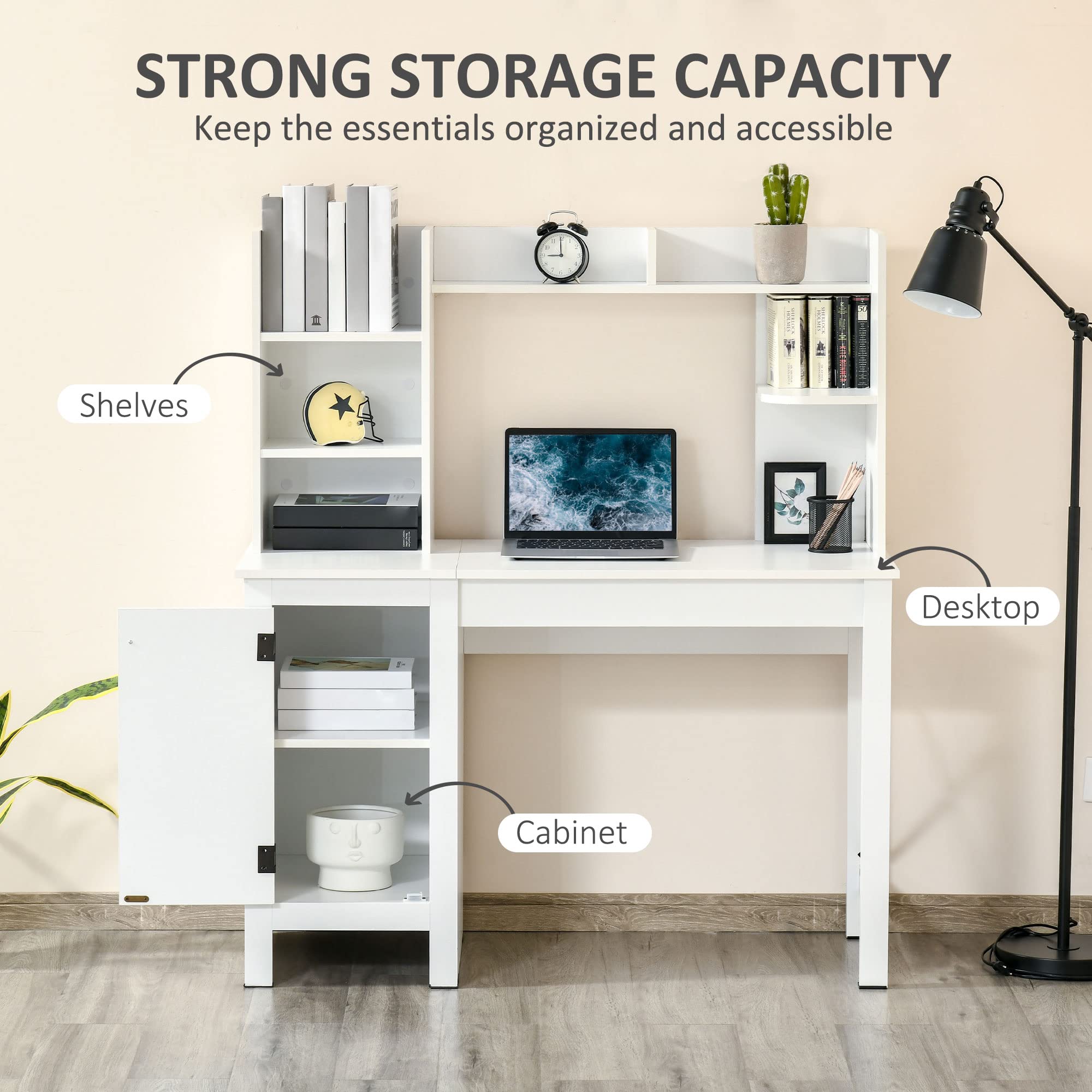 HOMCOM Farmhouse Style Computer Desk with Hutch and Cabinet - White Home Office Desk with Storage Shelf, Study Writing Table for Small Spaces | Perfect for Home Office, Dorm Room & Workspace Organization
