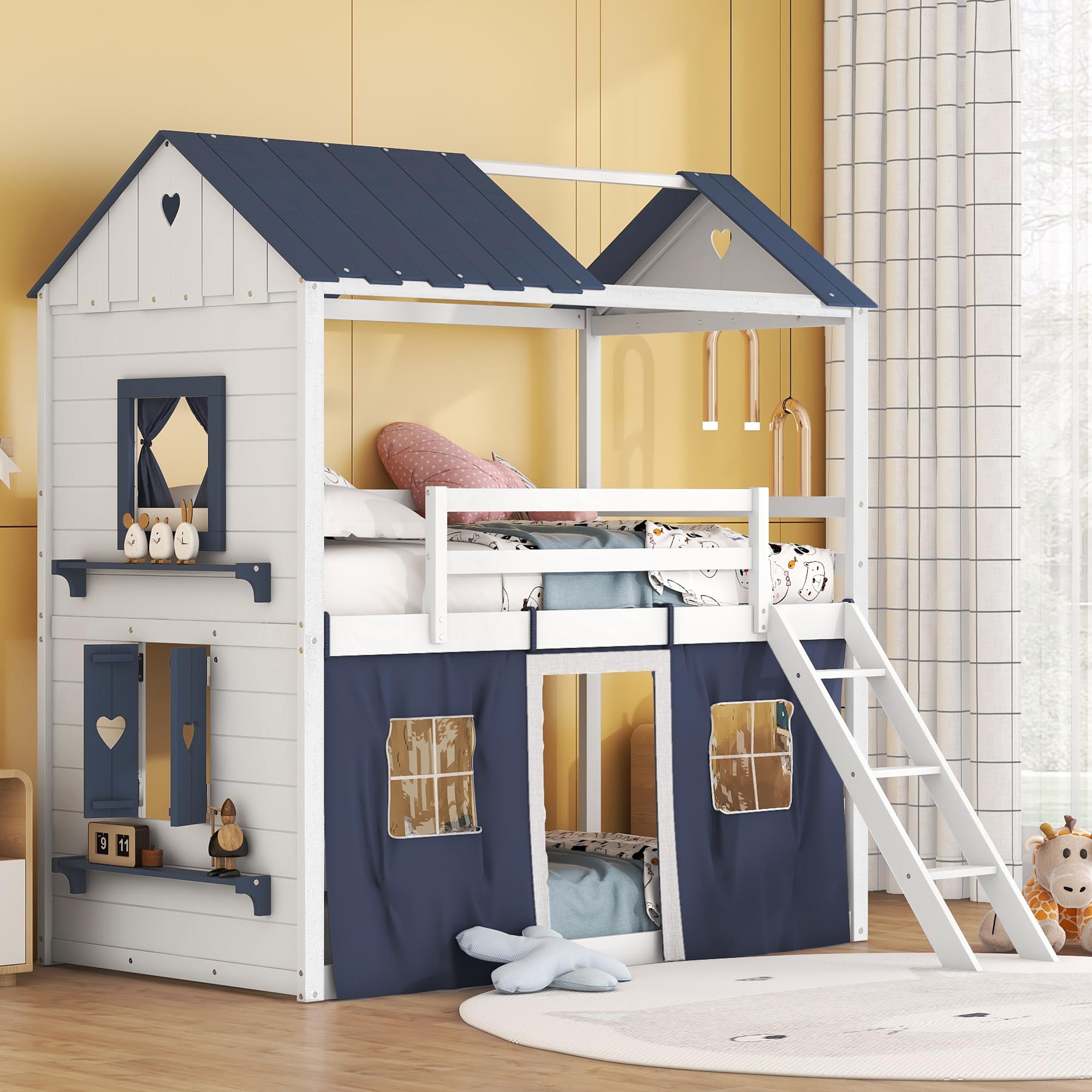 Harper & Bright Designs Twin Over Twin Wooden Bunk Bed with Elegant Windows, Sills & Tent - Blue & White House Bed for Kids' Room, Sleepovers & Space-Saving Bedroom Solutions