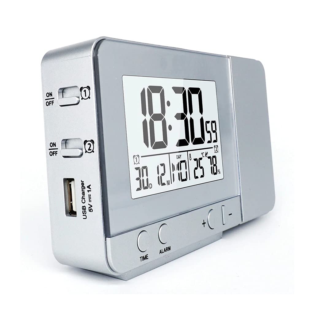 WODMB Digital Projection Alarm Clock with Date Display, Snooze Function, Adjustable Backlight & LED Time Projector - Perfect for Bedroom, Office, or Travel (Silver)