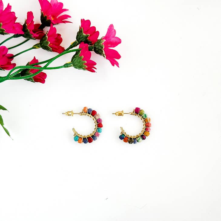 Kantha Milieu Mini Hoops - Handmade Boho Earrings for Women | Perfect for Festivals, Weddings & Everyday Wear