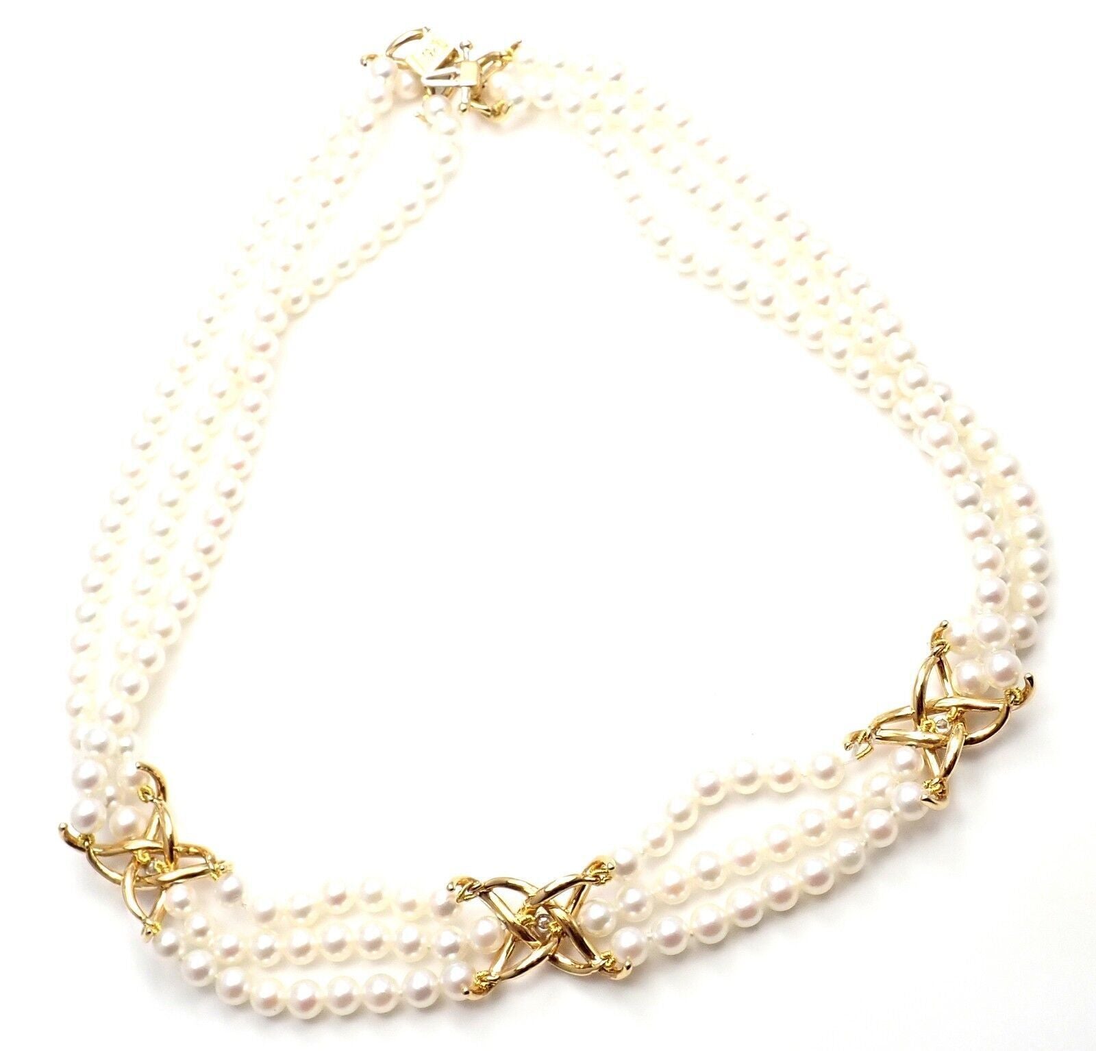 Authentic Tiffany & Co 18k Yellow Gold Diamond 3-Strand Pearl Necklace - Luxury Jewelry for Weddings, Anniversaries & Special Occasions