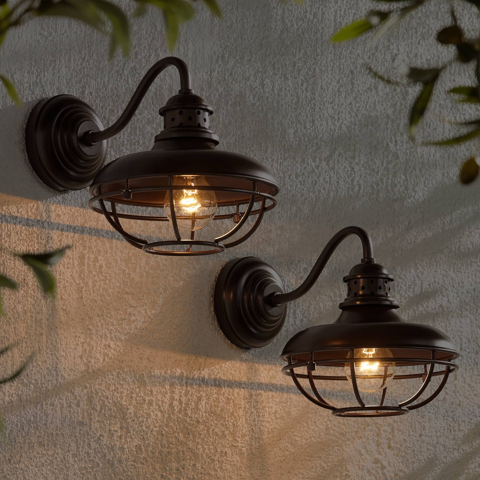 Franklin Iron Works Rustic Farmhouse Outdoor Barn Lights - Set of 2, Oil Rubbed Bronze Gooseneck Wall Sconces, 9