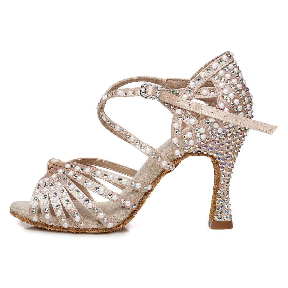 AOQUNFS Women's Rhinestone Ballroom Dance Shoes - Latin Salsa Practice & Performance Shoes (Model L429) for Wedding, Competition & Social Dancing