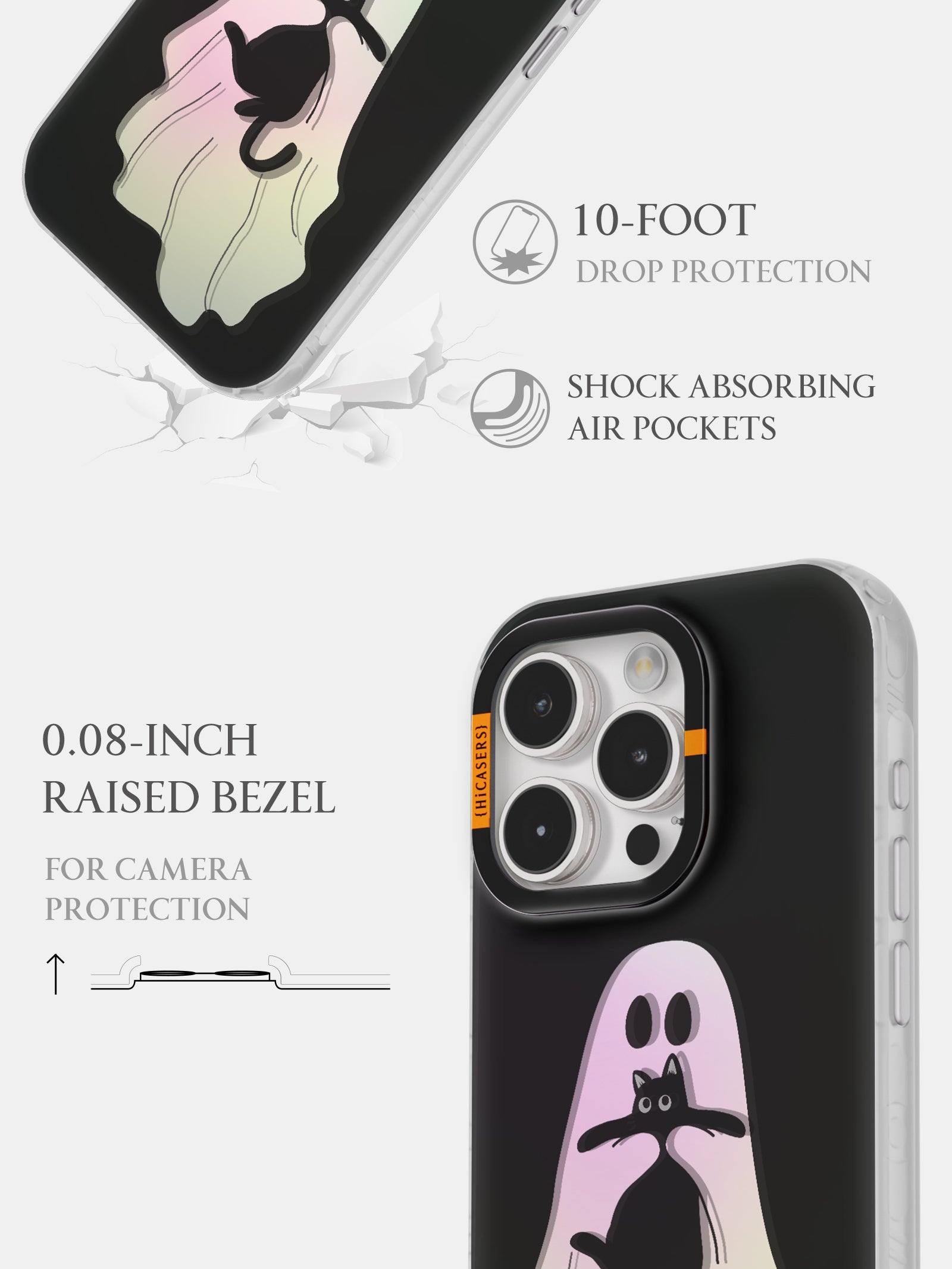 Ghost & Cat Iridescent Mirror Phone Case - Black | Shatterproof Protective Cover for iPhone & Samsung | Perfect for Parties, Concerts & Nightlife