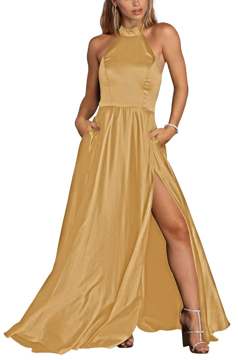 Elegant Gold Halter Prom Dress with High Slit - Long Satin Formal Evening Gowns for Homecoming, Prom Night & Special Occasions