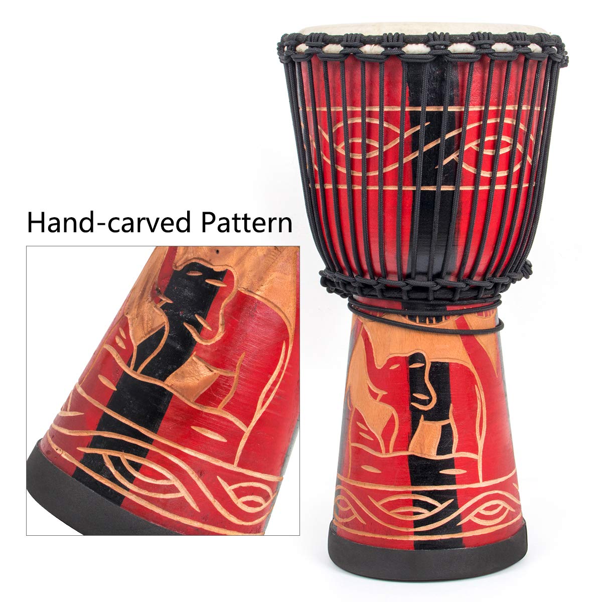 AKLOT 9.5'' x 20'' Hand-Carved African Djembe Drum - Mahogany Wood with Goatskin Drumhead for Adults & Beginners (Red) | Perfect for Music Therapy, Drum Circles, and Cultural Performances