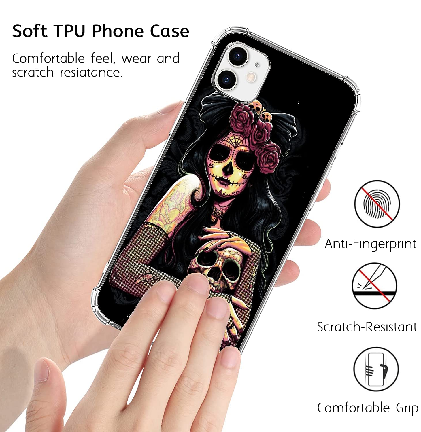 **Sugar Skull Girl Phone Case for iPhone 11 - Trendy Floral Skull Design, Durable TPU Bumper Cover for Women & Men - Perfect for Halloween, Parties & Everyday Use**