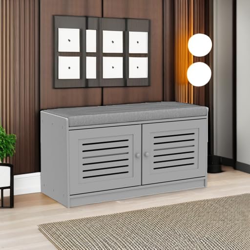Gray Wooden Shoe Storage Bench with Cushioned Seat & Adjustable Shelves - Entryway Organizer for Hallway, Living Room or Bedroom - Perfect for Small Space Organization & Quick Shoe Access