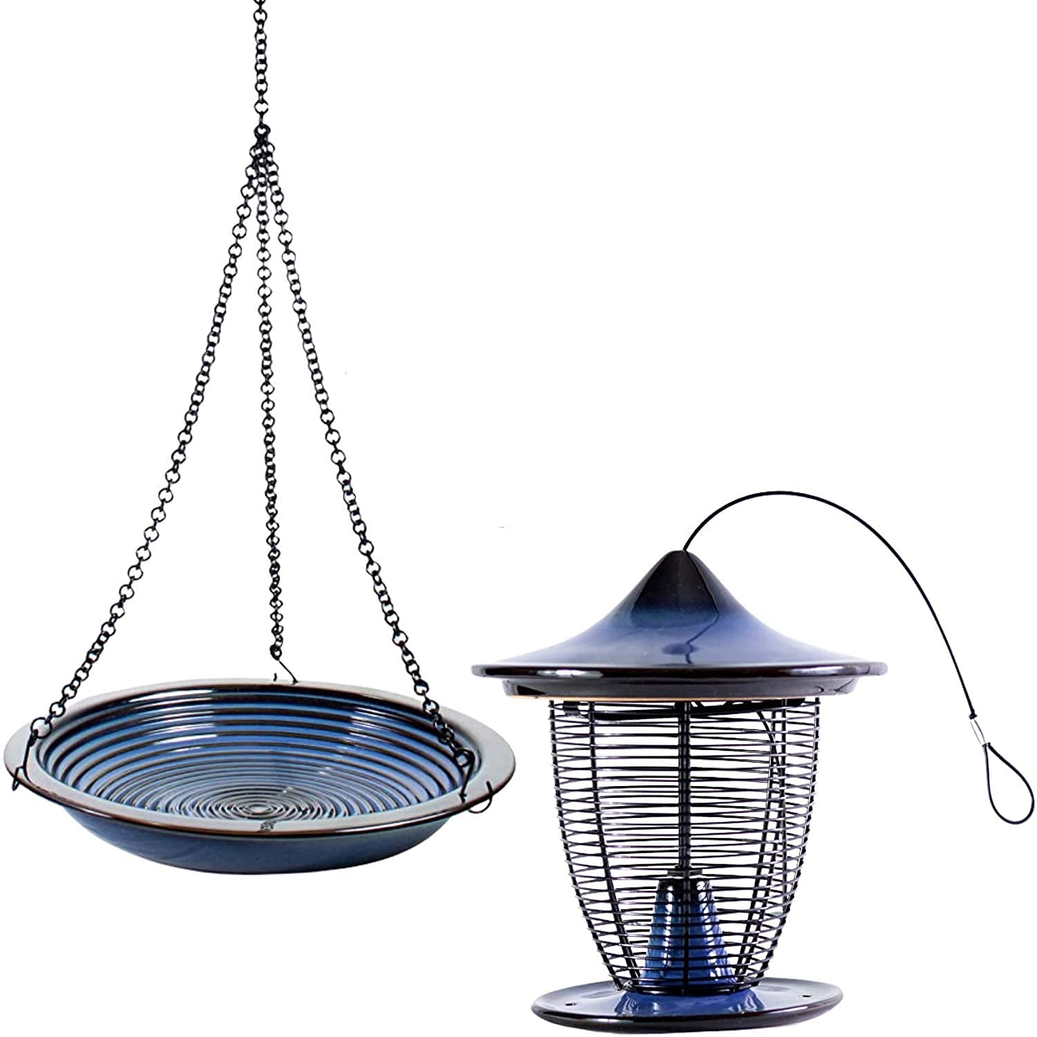 BYER OF MAINE Circles Hanging Bird Bath and Alcyon Pagoda Bird Feeder Set - Cobalt Blue Outdoor Garden Decor for Attracting Wild Birds - Perfect for Backyards, Patios, and Bird Watching Enthusiasts