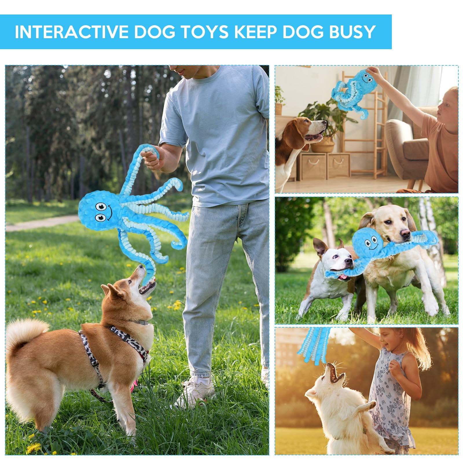 Durable Octopus Squeaky Dog Chew Toy with Crinkle Sound - Interactive Plush Puppy Teething Toy for Small, Medium & Large Dogs - Perfect for Tug of War, Fetch & Playtime