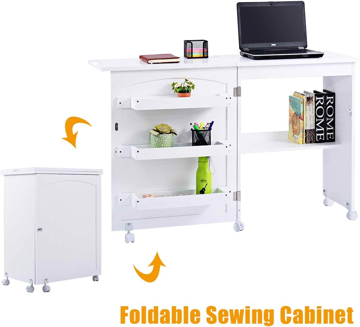 HOMGX Foldable Sewing Table with Storage Cabinet - Multifunctional Craft Table with Lockable Wheels & Shelves - Compact Space-Saving Design for Sewing, Quilting & DIY Projects (White, 16