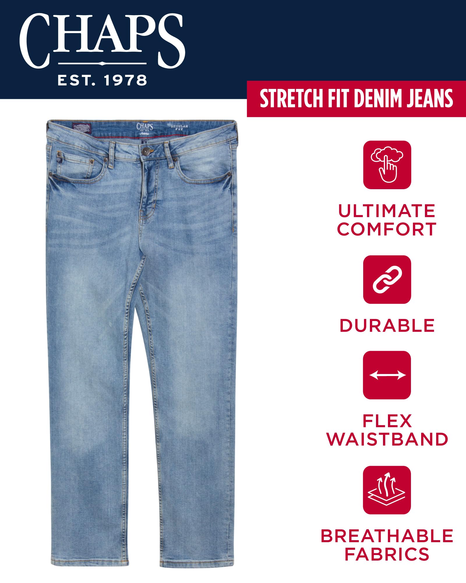 Chaps Men's Straight Leg Comfort Stretch Denim Jeans - Slim Fit Casual Pants for Everyday Wear & Office Style