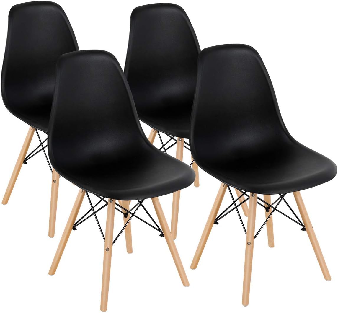 GOFLAME DSW Modern Dining Chairs Set of 4 - Shell Plastic Seat with Sturdy Wooden Legs, Armless Kitchen Side Chairs for Dining Room, Living Room, Bedroom - Black | Perfect for Small Spaces, Breakfast Nook & Apartment Dining