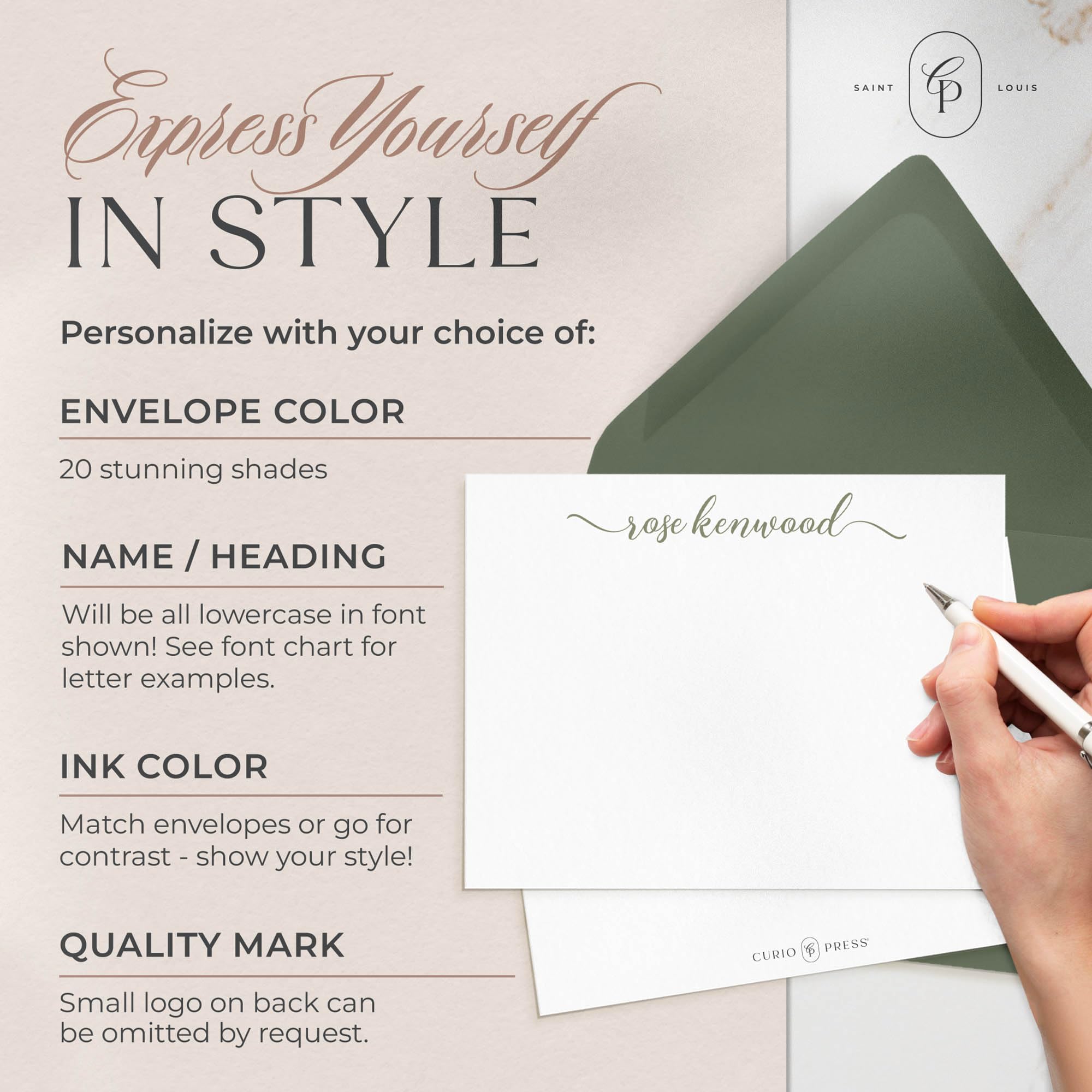 Personalized Flat Stationery Notecards with Envelopes - Custom Name Note Cards for Women & Girls | Bridal Shower Thank You Cards, Engagement, Graduation Gifts | Perfect for Wedding Invitations, Baby Showers & Special Occasions - Rosie Flat Design