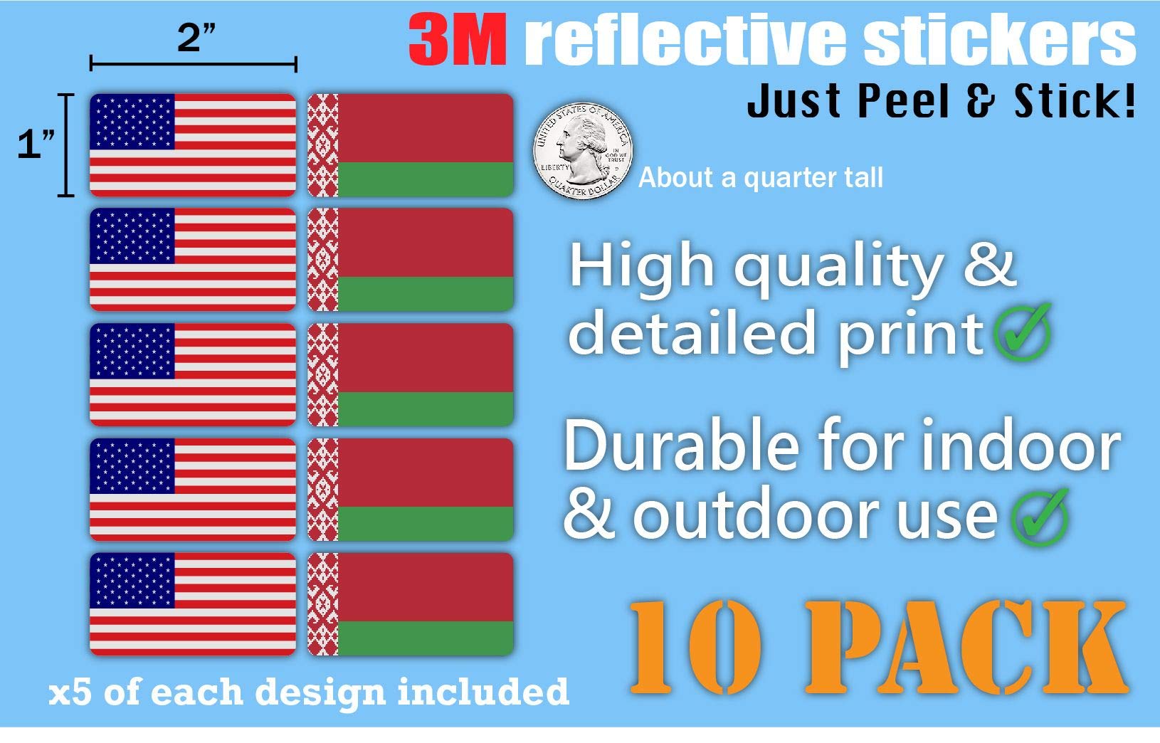 10-Pack 3M Reflective Belarus & USA Flag Stickers - High Visibility Safety Decals for Hard Hats, Laptops, Bikes & Toolboxes - Perfect for Night Safety, Work Gear Identification & Patriotic Decor