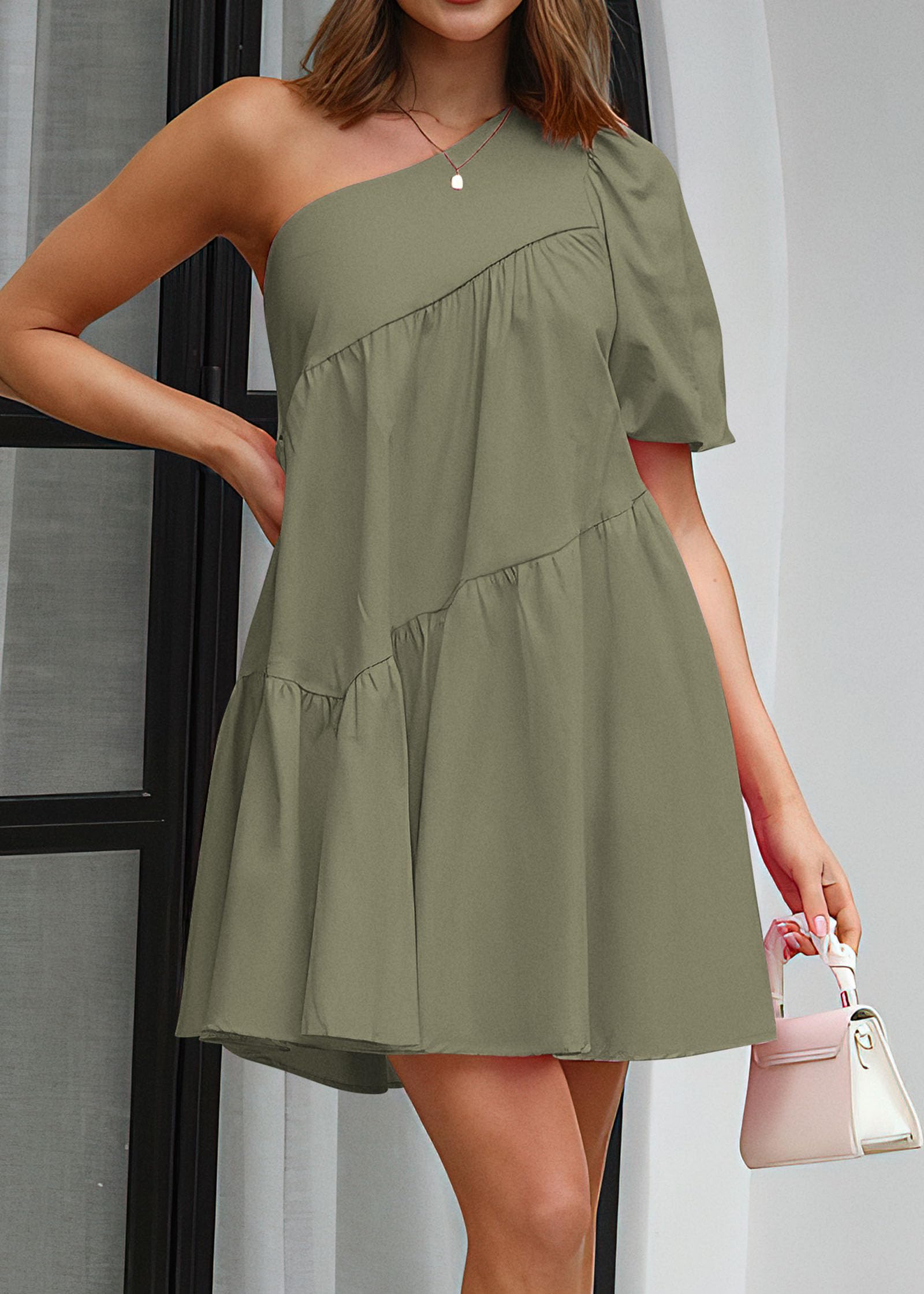 KIRUNDO Women's 2025 Summer One Shoulder Mini Babydoll Dress - Puff Sleeve, Loose Tiered A-Line Flowy Short Dress for Beach, Party & Casual Wear