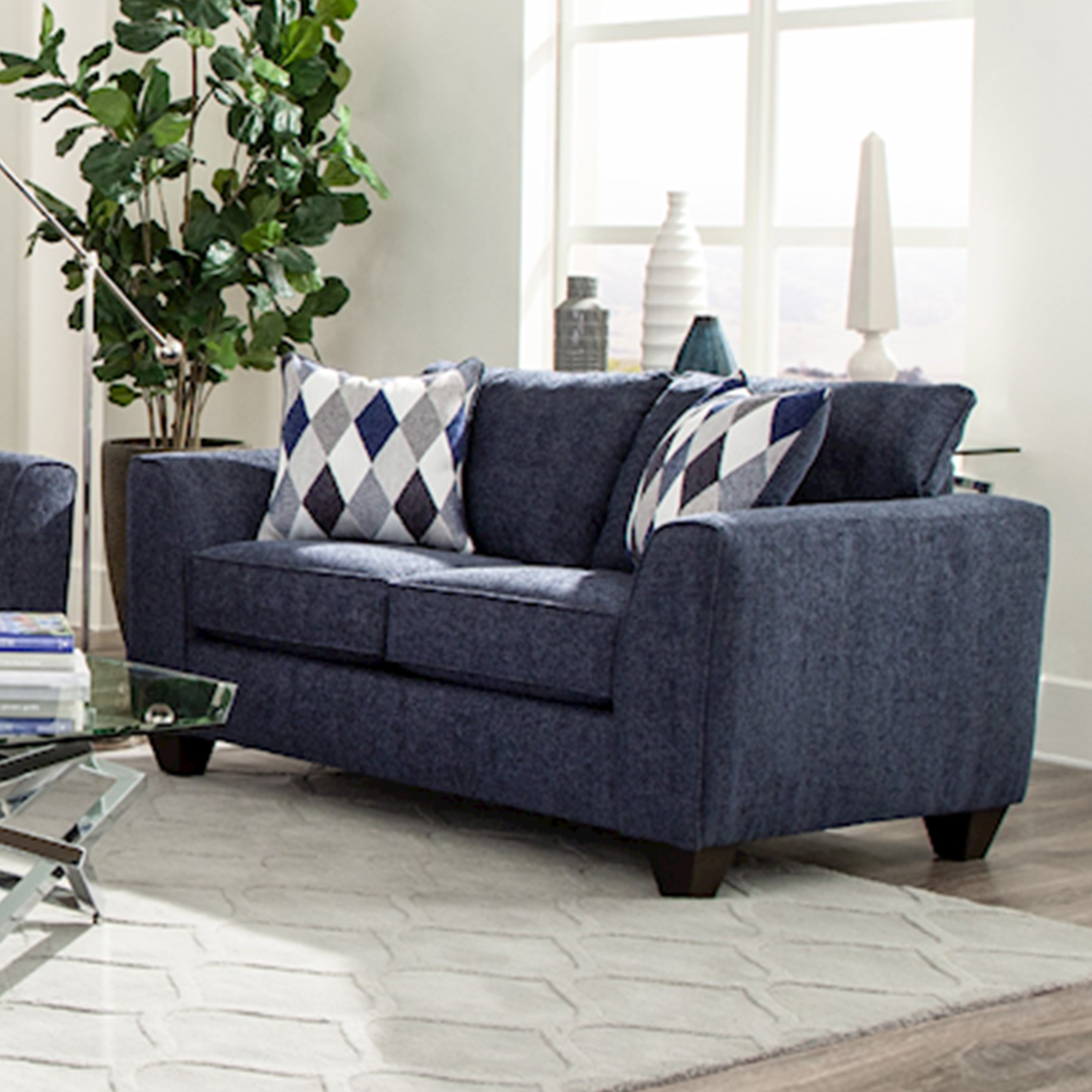 Modern Indigo Fabric Pillow Back Loveseat - Stylish Contemporary Two-Seater Sofa for Living Room, Lounge & Small Spaces