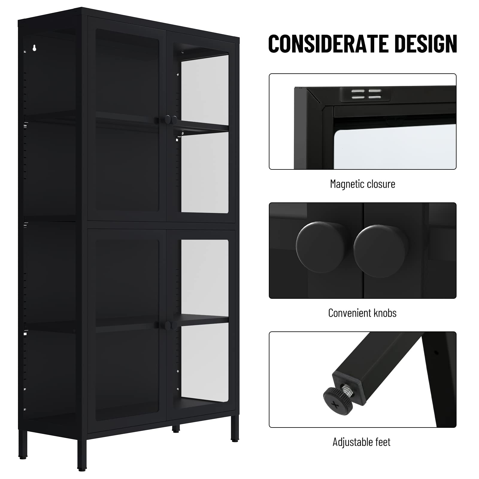 CuisinSmart 4-Tier Glass Display Cabinet with Adjustable Shelves - Modern Black Steel Storage Bookcase for Living Room, Office & Home Decor - Perfect for Showcasing Collectibles, Books & Decorative Items