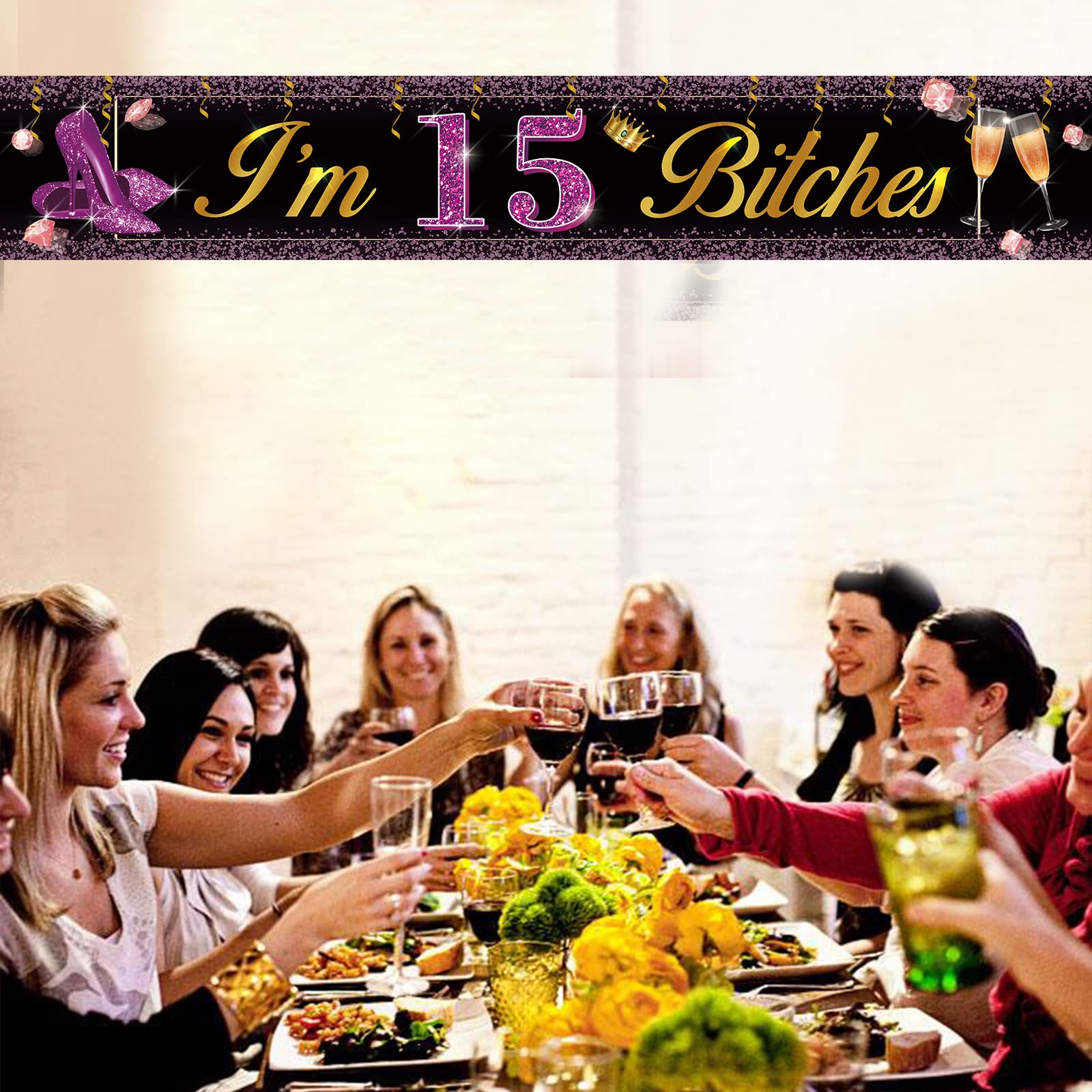 Funny 15th Birthday Banner - Large Purple & Gold 'I'm 15 Bitches' Party Sign for Girls | Sweet Sixteen Yard Decorations | Perfect for Birthday Parties, Backyard Celebrations & Teenage Milestone Events