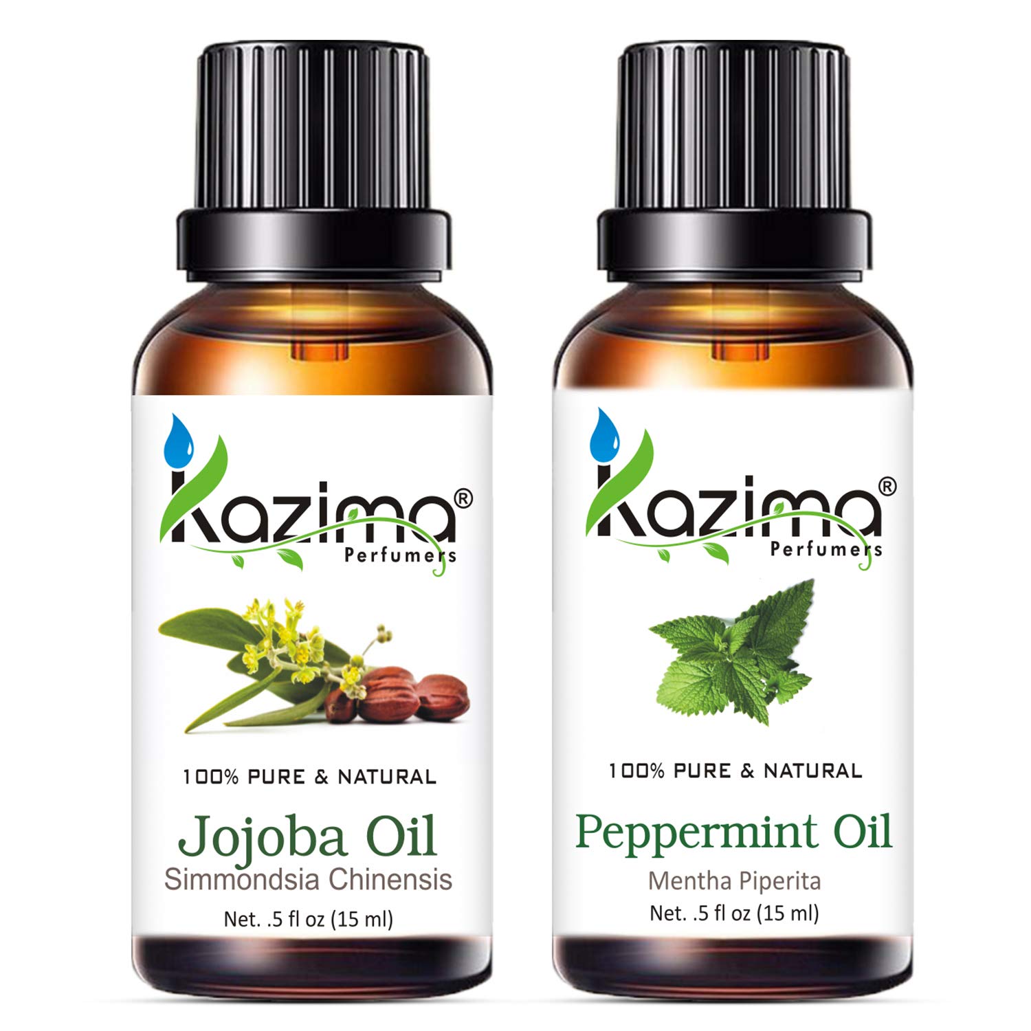 KAZIMA Jojoba Carrier Oil & Peppermint Essential Oil Set - 100% Pure Natural Oils for Acne, Wrinkles, Skin Brightening, Moisturizing & Hair Growth - 15ml Each - Perfect for DIY Skincare, Aromatherapy & Hair Care Treatments