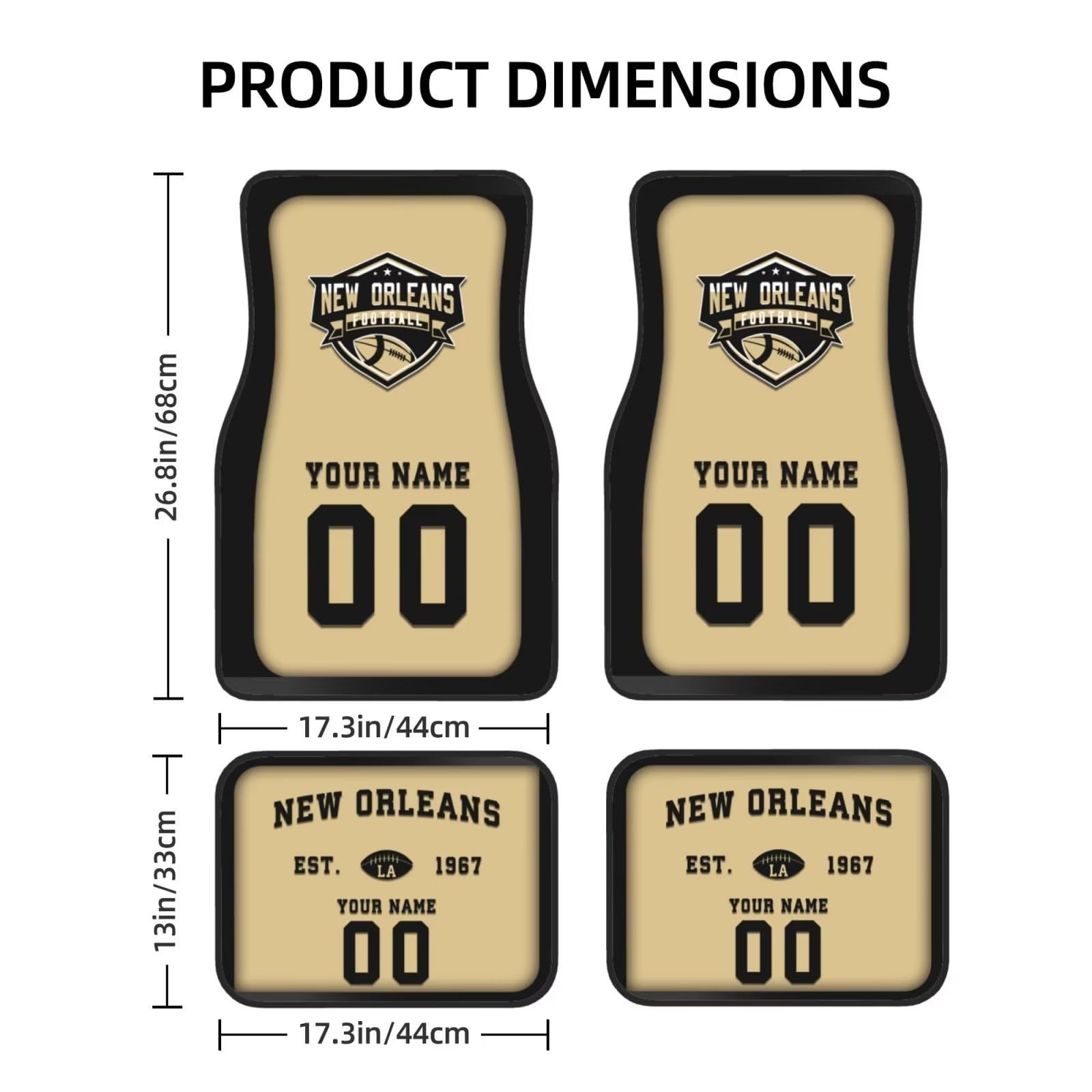 Custom New Orleans Car Floor Mats - Personalized Name & Number for Loyal Fans | 4-Piece Set Fits Most Vehicles | Perfect Car Interior Accessories & Thoughtful Gifts for Car Enthusiasts | Ideal for Daily Commute, Road Trips & Car Shows