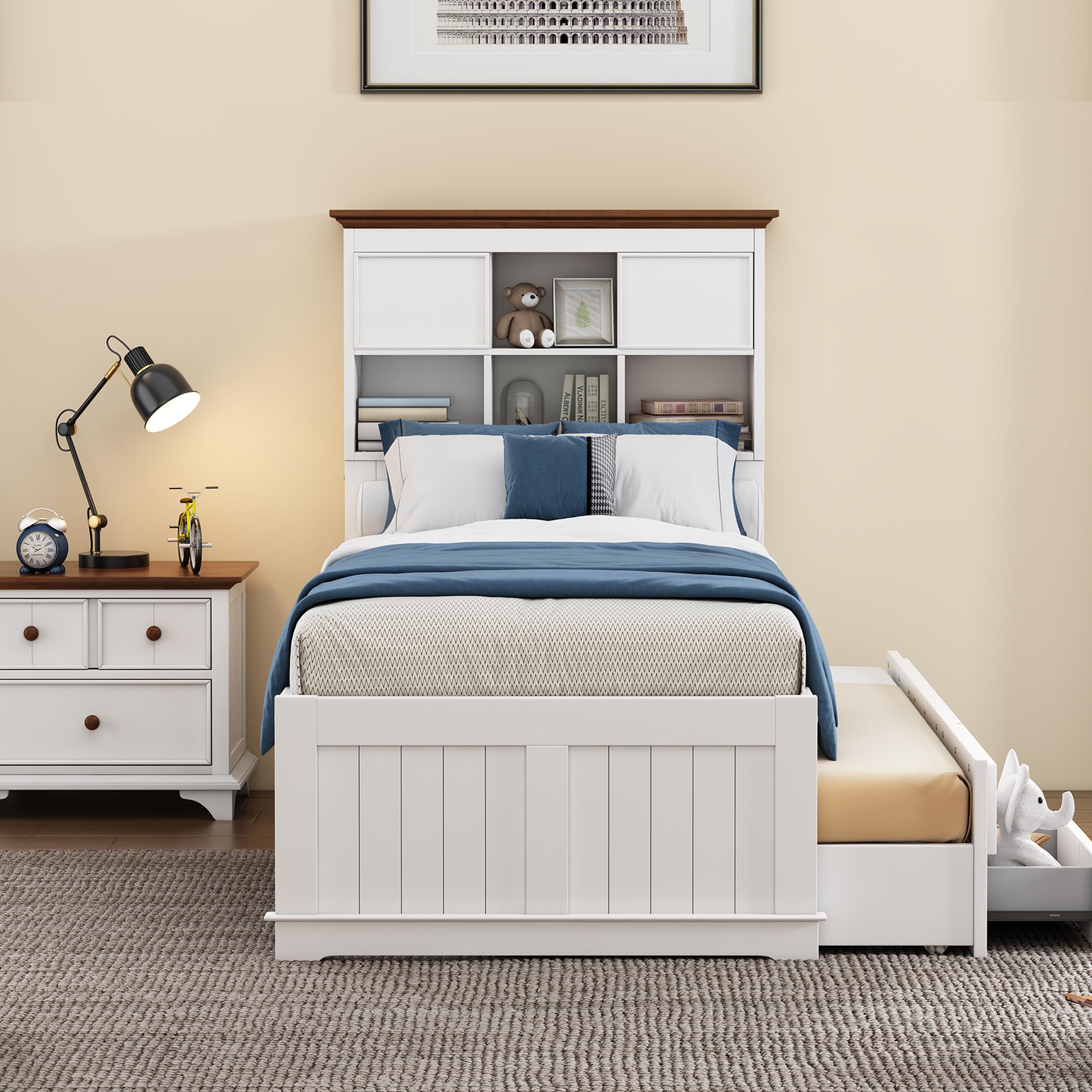 Modern Farmhouse Wood Bedroom Set - White & Walnut Twin Captain Bed with Trundle, Nightstand & 6-Drawer Dresser | Space-Saving Storage Solution for Small Bedrooms & Guest Rooms