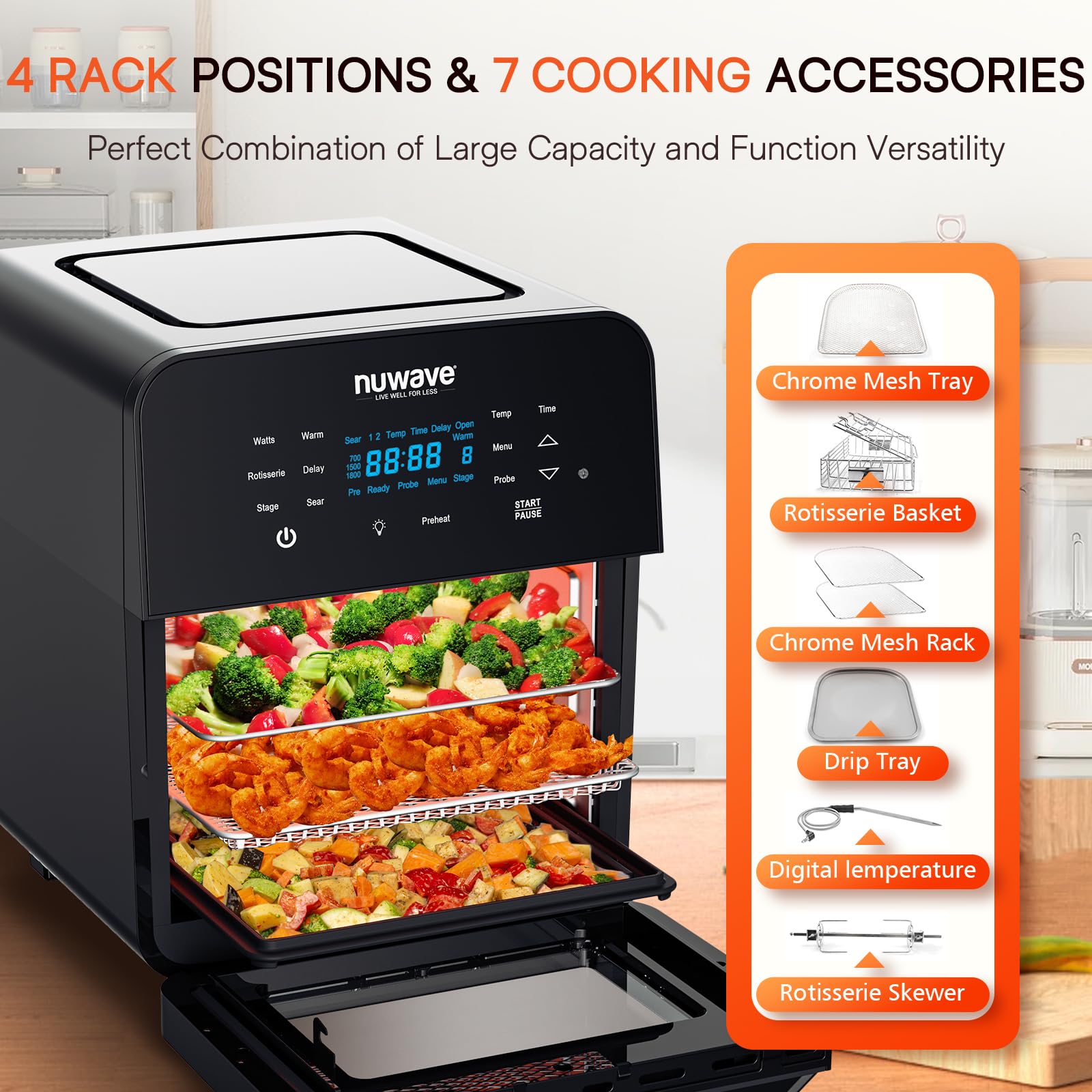 Nuwave Brio 15.5Qt 10-IN-1 Air Fryer Toaster Oven with Rotisserie - XL Family Size Countertop Convection Oven for Air Frying, Roasting, Baking, Reheating & Dehydrating - 1800W, 50°-425°F Temperature Control, 100 Presets & 50 Memory - Dishwasher Safe - Perfect for Quick Meals, Healthy Cooking & Family Gatherings