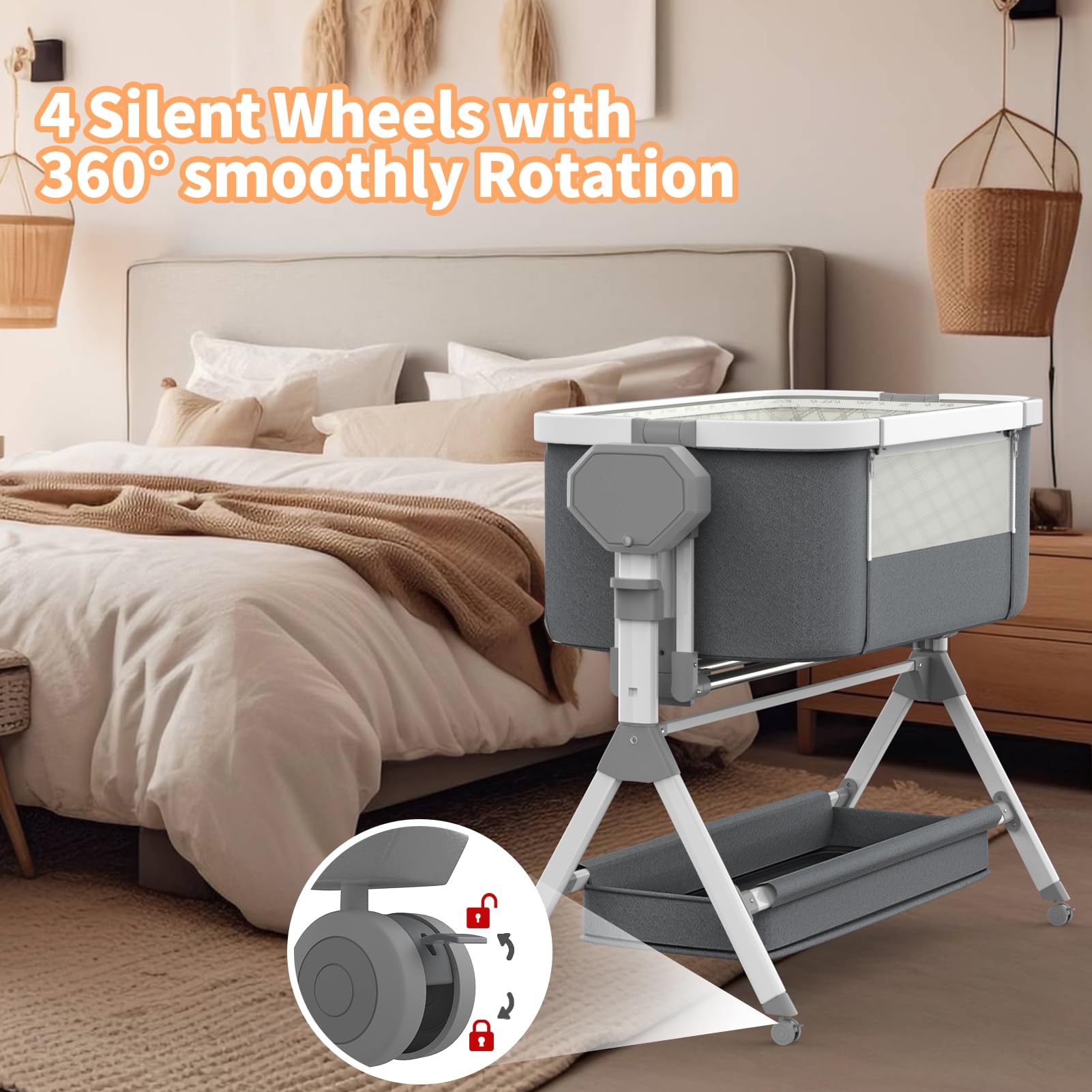 Electric Rocking Bassinet for Baby - 3 Height Adjustable Smart Baby Crib with Remote Control & 5-Speed Swing, Portable Wheels for Nursery & Bedside Use - Perfect for Newborn Sleep & Soothing