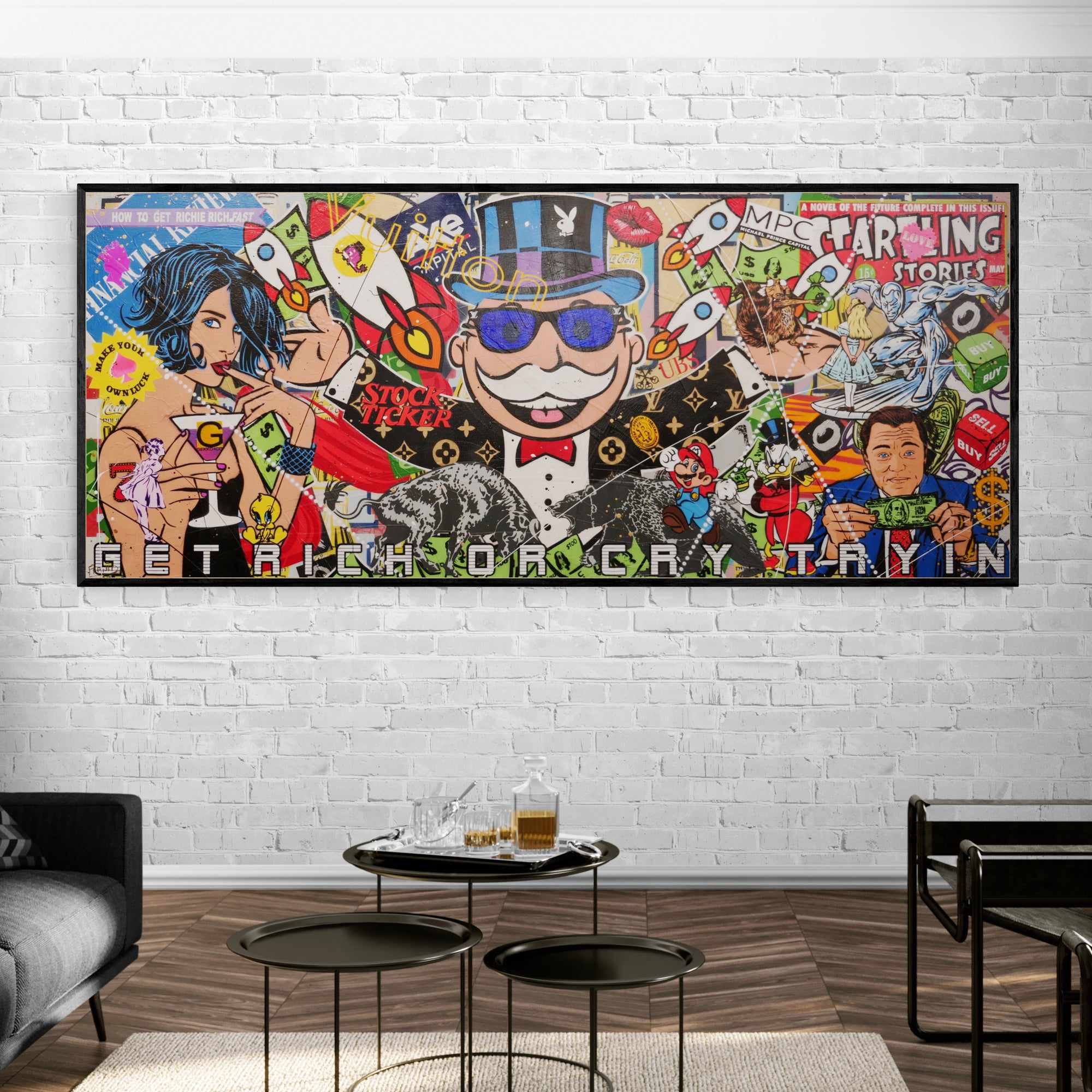 Monopoly Man Textured Urban Pop Art Painting - 240cm x 100cm Wall Decor for Living Room, Office & Game Room | Money Never Sleeps Inspired Artwork
