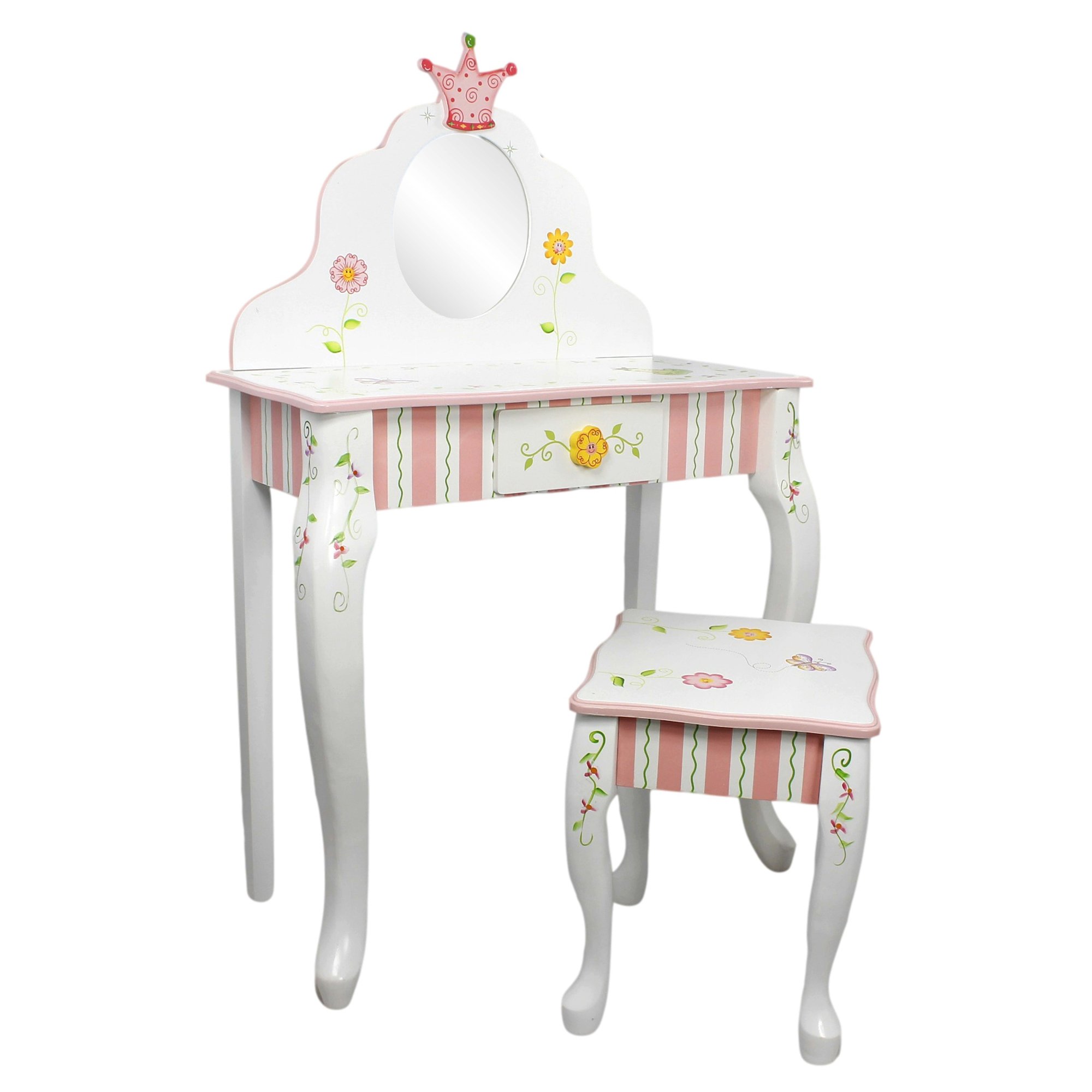 Fantasy Fields Princess & Frog Kids Vanity Table and Stool Set with 1 Drawer - White & Pink Crown-Themed Dresser for Girls Bedroom, Birthday Gift for Toddlers (Perfect for Pretend Play & Room Decor)