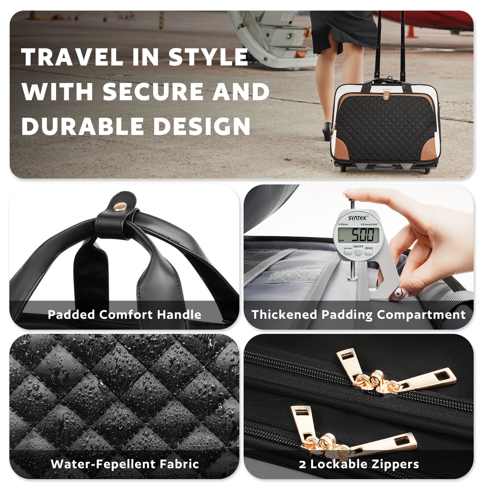 Rolling Laptop Bag for Women - 17.3 Inch Waterproof Rolling Briefcase with Wheels, Underseat Carry On Luggage for Business Travel & Work - Lightweight Beige Brown Computer Bag - Perfect for Airplane Commute, Office & Business Trips