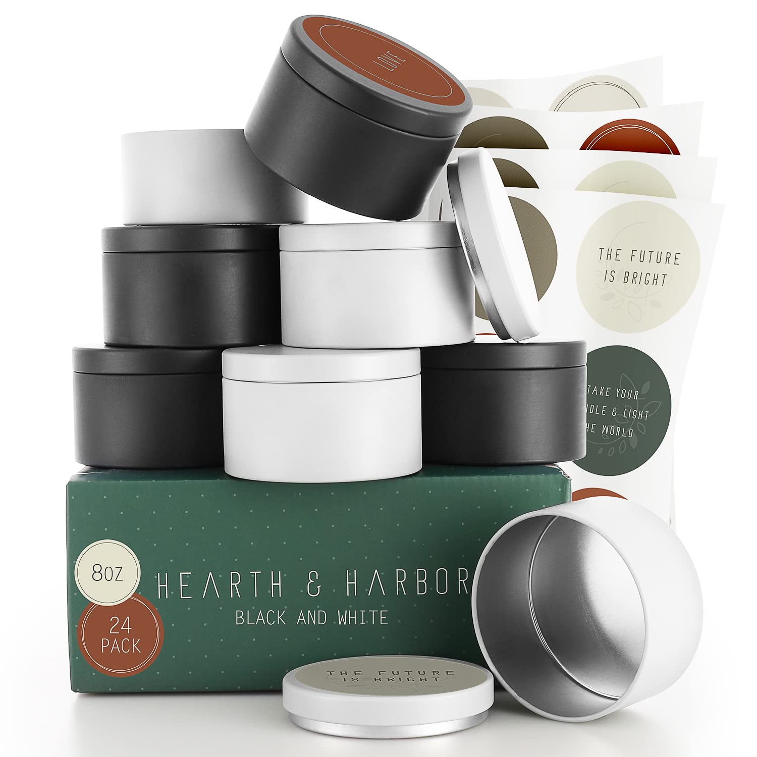 Hearth & Harbor 8oz DIY Candle Making Kit - 24 Pack Metal Tin Candle Jars with Lids (Black & White) - Bulk Storage Containers for Homemade Candles, Wax Melts & Aromatherapy - Perfect for Gifts, Wedding Favors & Home Decor