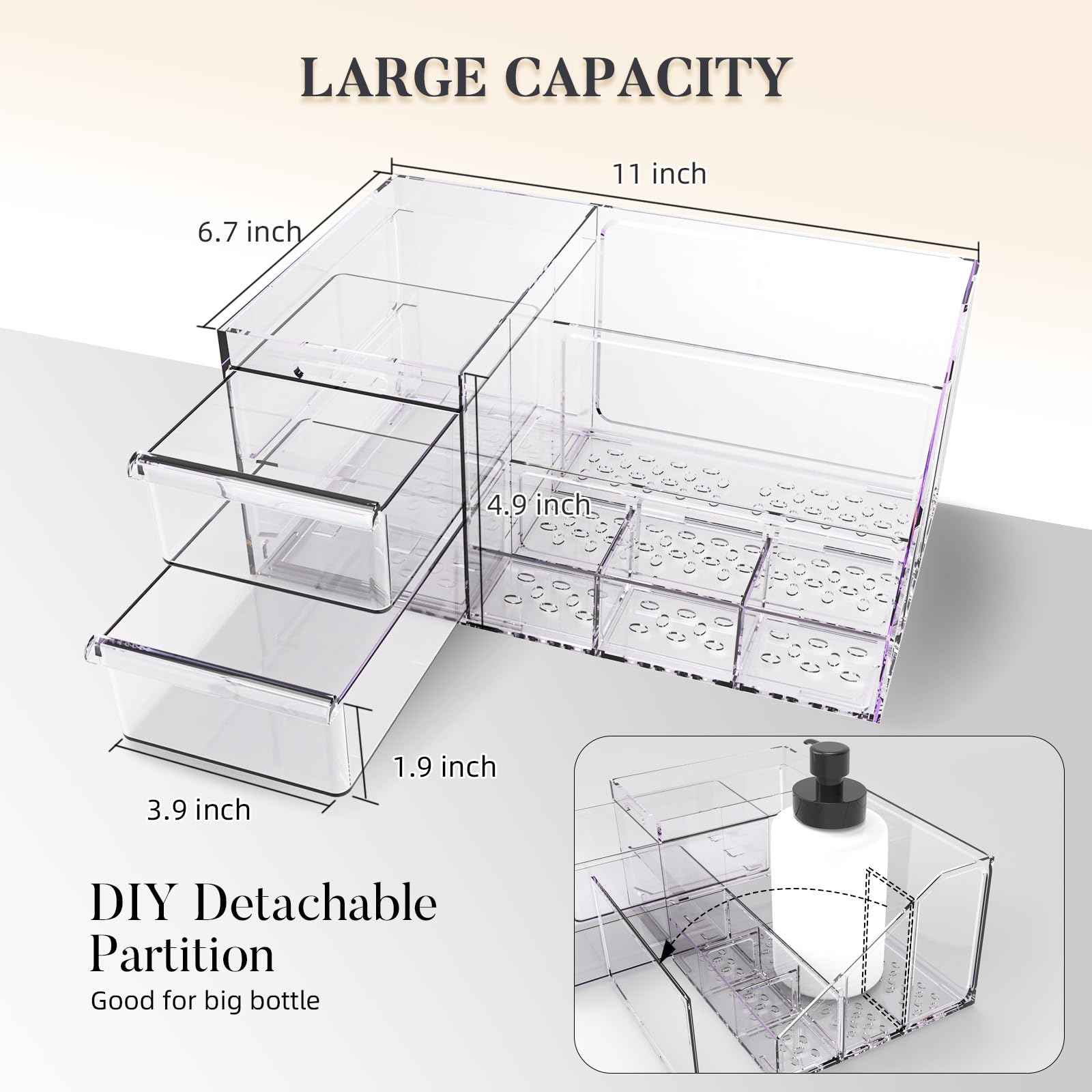 Clear Acrylic Makeup Organizer for Vanity | Cosmetic Storage Box with Drawers | Skincare & Beauty Product Organizer for Bathroom Countertop, Bedroom Dresser | Perfect for Makeup Brushes, Lipsticks & Skincare Essentials