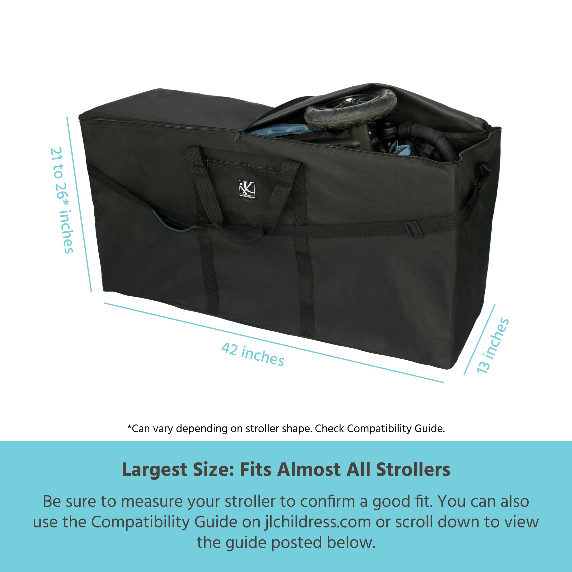 J.L. Childress Premium Stroller Travel Bag for Single & Double Strollers - Heavy Duty Protective Cover with Carry Handles & Detachable Padded Shoulder Strap - Ideal for Air Travel, Car Storage & Stroller Protection - Black