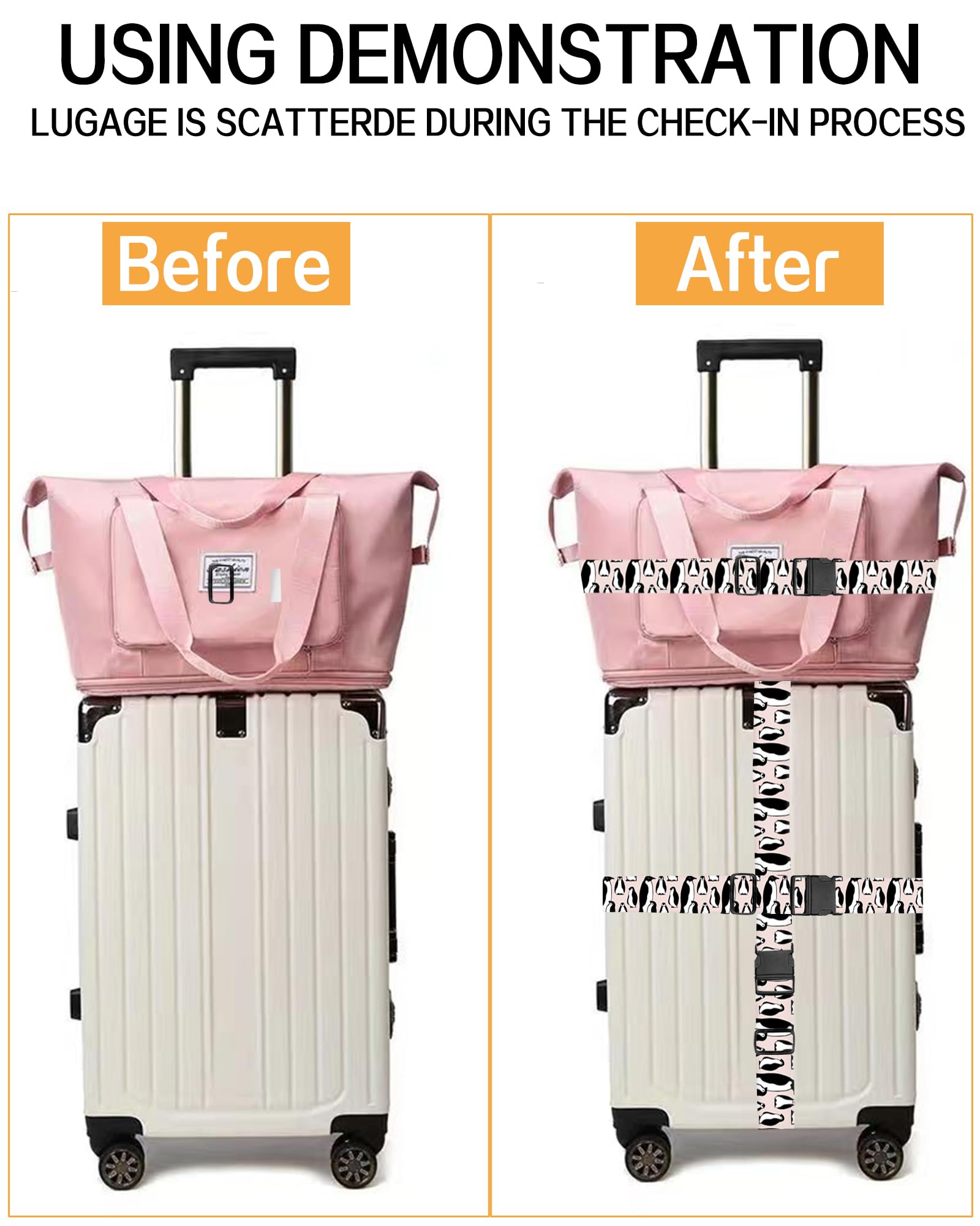 Durable Adjustable Luggage Straps for Suitcases - Wide Travel Belt with Secure Buckle | Cute Penguin Design Suitcase Identifier | Perfect for Air Travel, Cruise Vacations & Business Trips
