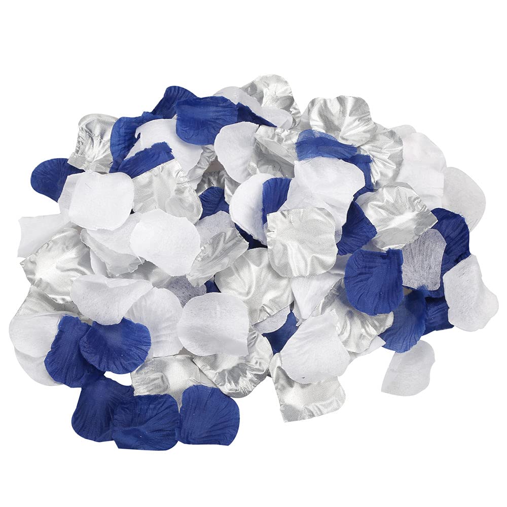 900Pcs Navy Blue Silver White Silk Rose Petals - Artificial Flower Petals for Wedding Aisle Runner, Bridal Shower, Graduation, Bachelorette Party & Baby Shower Decorations - Perfect for Table Scatter, Photo Backdrops and Romantic Celebrations
