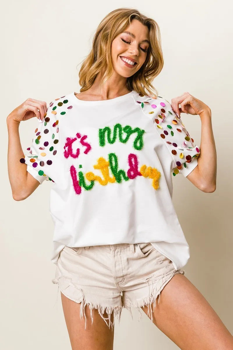 BiBi Metallic Letter Spangle Raglan Puff Sleeve Top | Trendy Women's Graphic Tee for Casual Wear, Party & Date Night Outfits