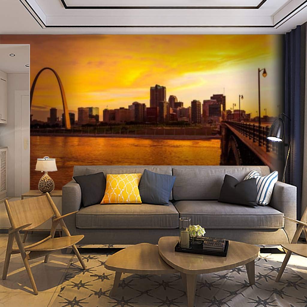 St. Louis Missouri Skyline & Gateway Arch Night View - Self-Adhesive Removable Wallpaper Mural | Peel & Stick Wall Decal for Living Room, Bedroom, Office Decor | Easy DIY Home Craft Wall Sticker