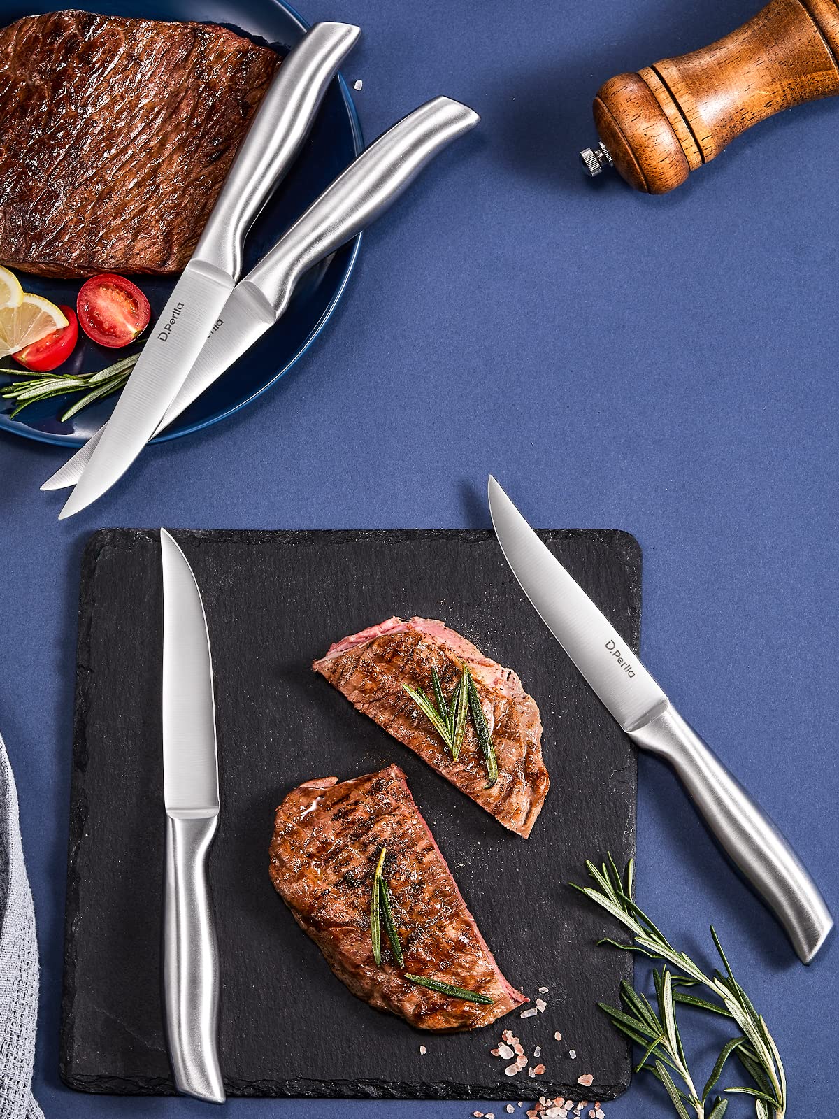 D.Perlla Premium 8-Piece Steak Knife Set - Ultra Sharp Straight Edge Blades, High Carbon Stainless Steel - Perfect for Steak Dinners, BBQ Parties & Fine Dining (4.5 Inch)