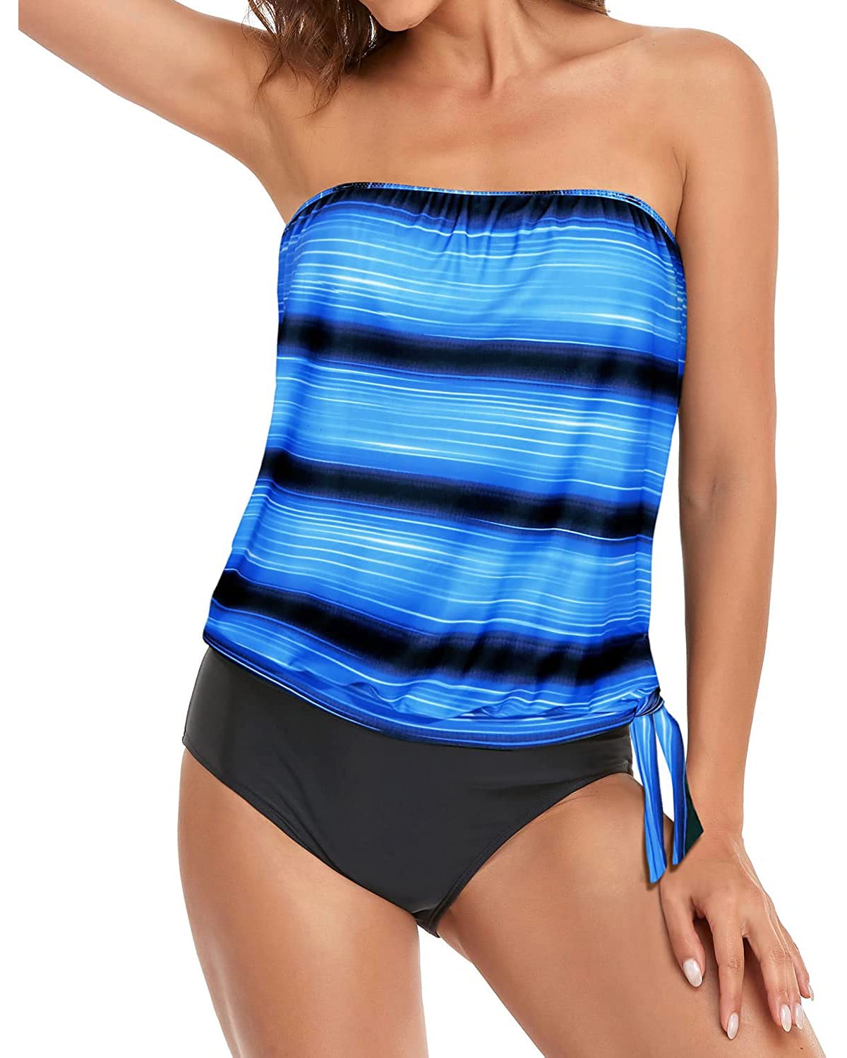 Holipick Women's Two-Piece Bandeau Tankini Swimsuits - Strapless Blouson Swim Top with Bikini Bottoms for Teens & Adults | Beach Vacation, Pool Party, Summer Getaway