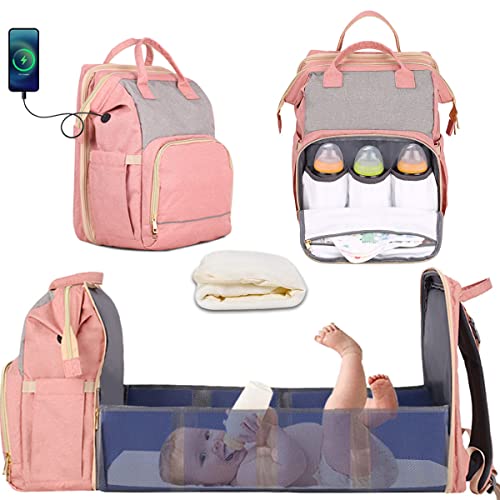 Baby Diaper Backpack with Detachable Changing Station & Folding Crib - Waterproof Travel Organizer for Boys & Girls - Includes Insulated Pocket (Pink) | Perfect for Baby Showers, Parenting Outings & Family Travel