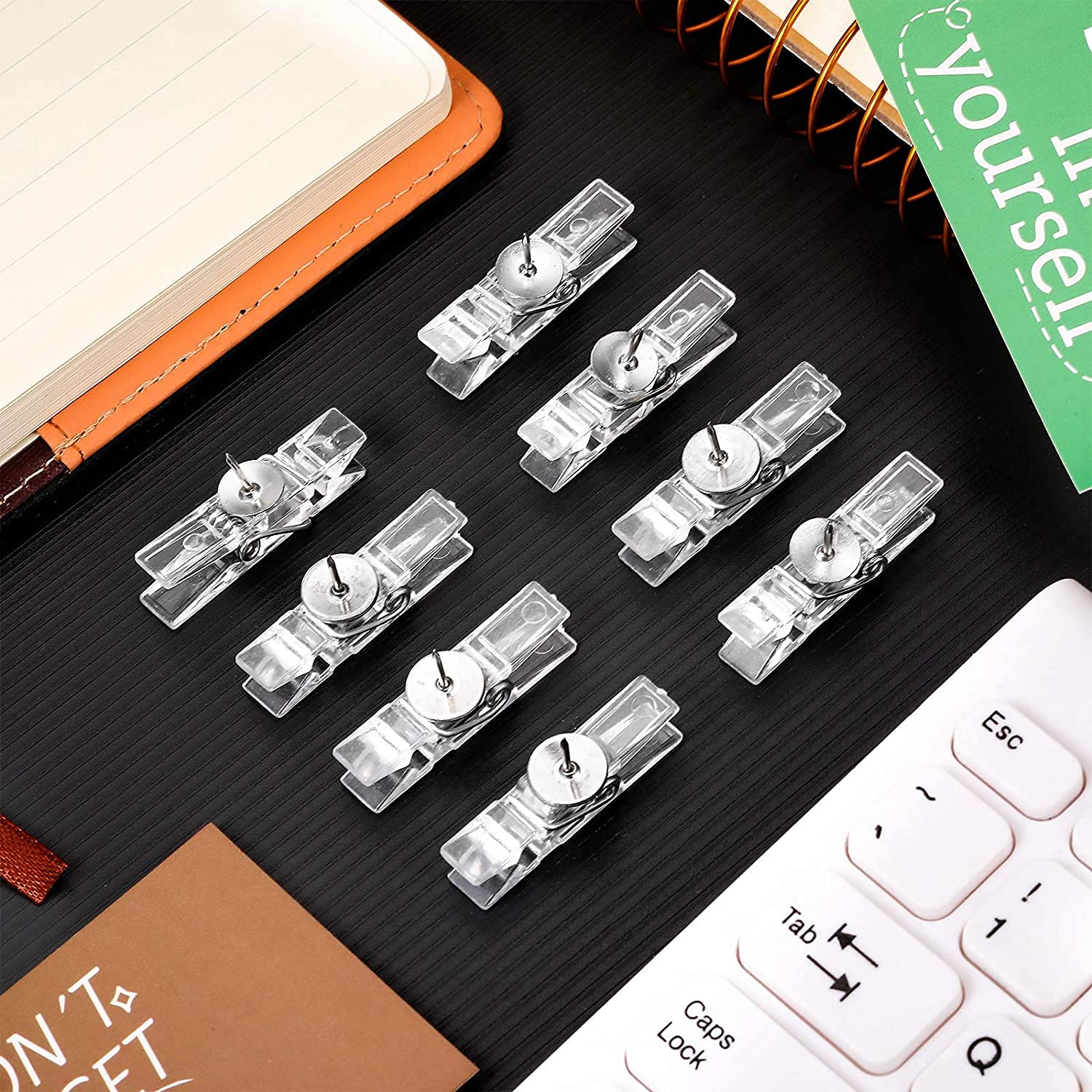 32-Piece Reusable Push Pin Clips - Clear Mini Transparent Plastic Thumbtacks for Cork Boards, Wall Art, Photos & Notes | Decorative Craft Paper Clips & Clothespins | Perfect for Office, Classroom & Home Organization