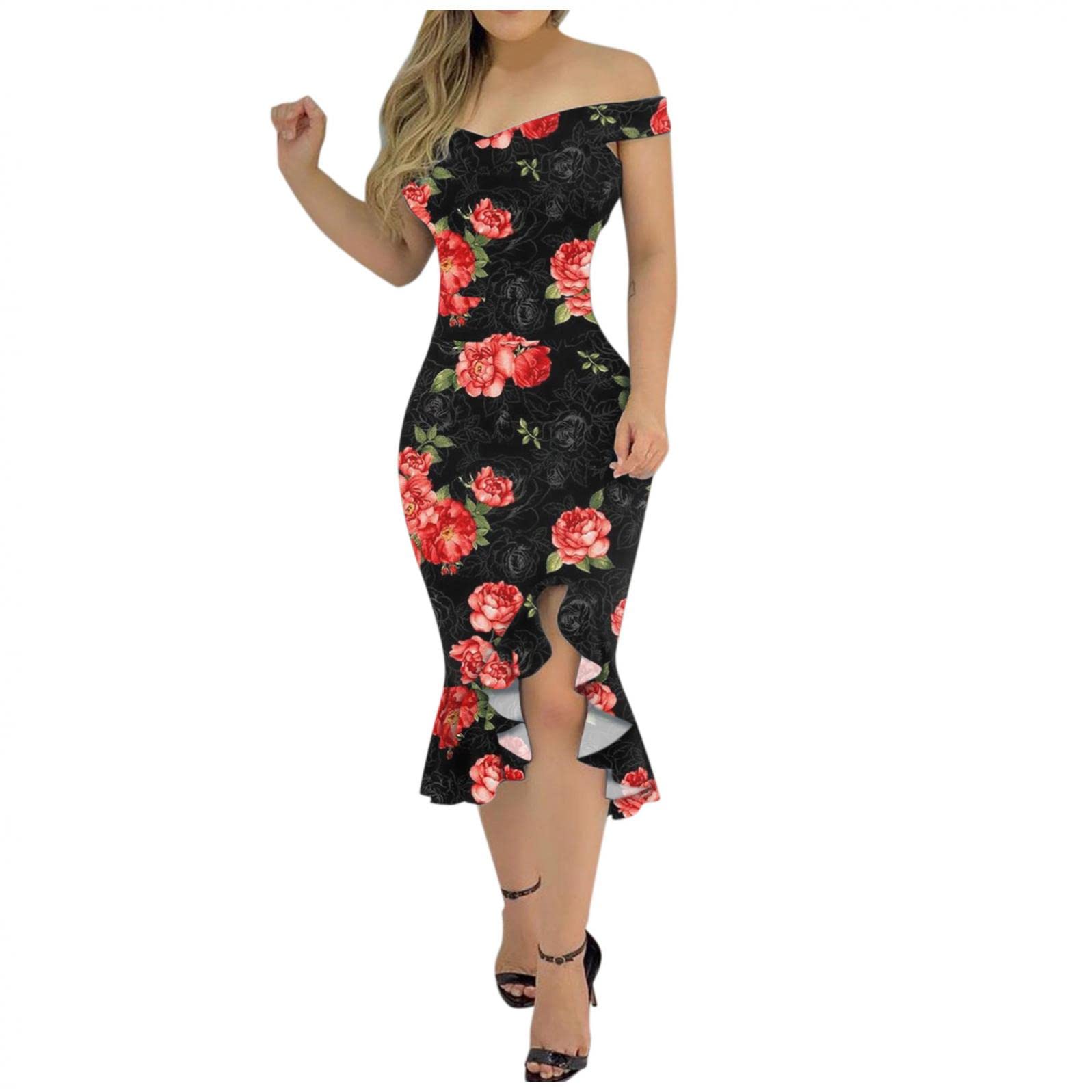 Women's Slim Fit Cold Shoulder V-Neck Midi Bodycon Dress - Floral Print Party & Night Out Dresses for Date Night, Club, Cocktail Events