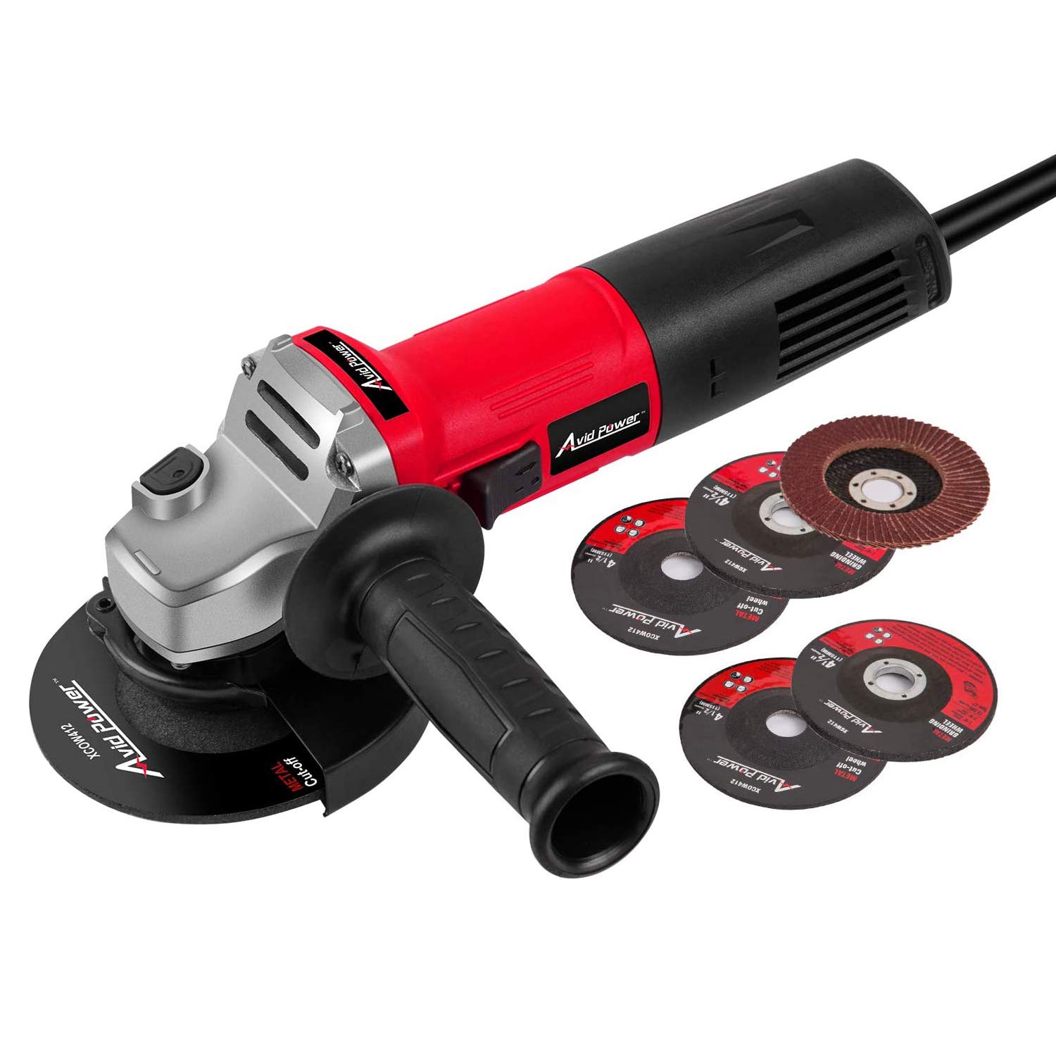 AVID POWER 7.5-Amp 4-1/2 Inch Angle Grinder with Accessories - Electric Power Tool for Cutting, Grinding, Polishing & Rust Removal - Includes Grinding Wheels, Cutting Wheels, Flap Disc & Auxiliary Handle - Perfect for Metalworking, Woodworking & DIY Home Projects (Red)