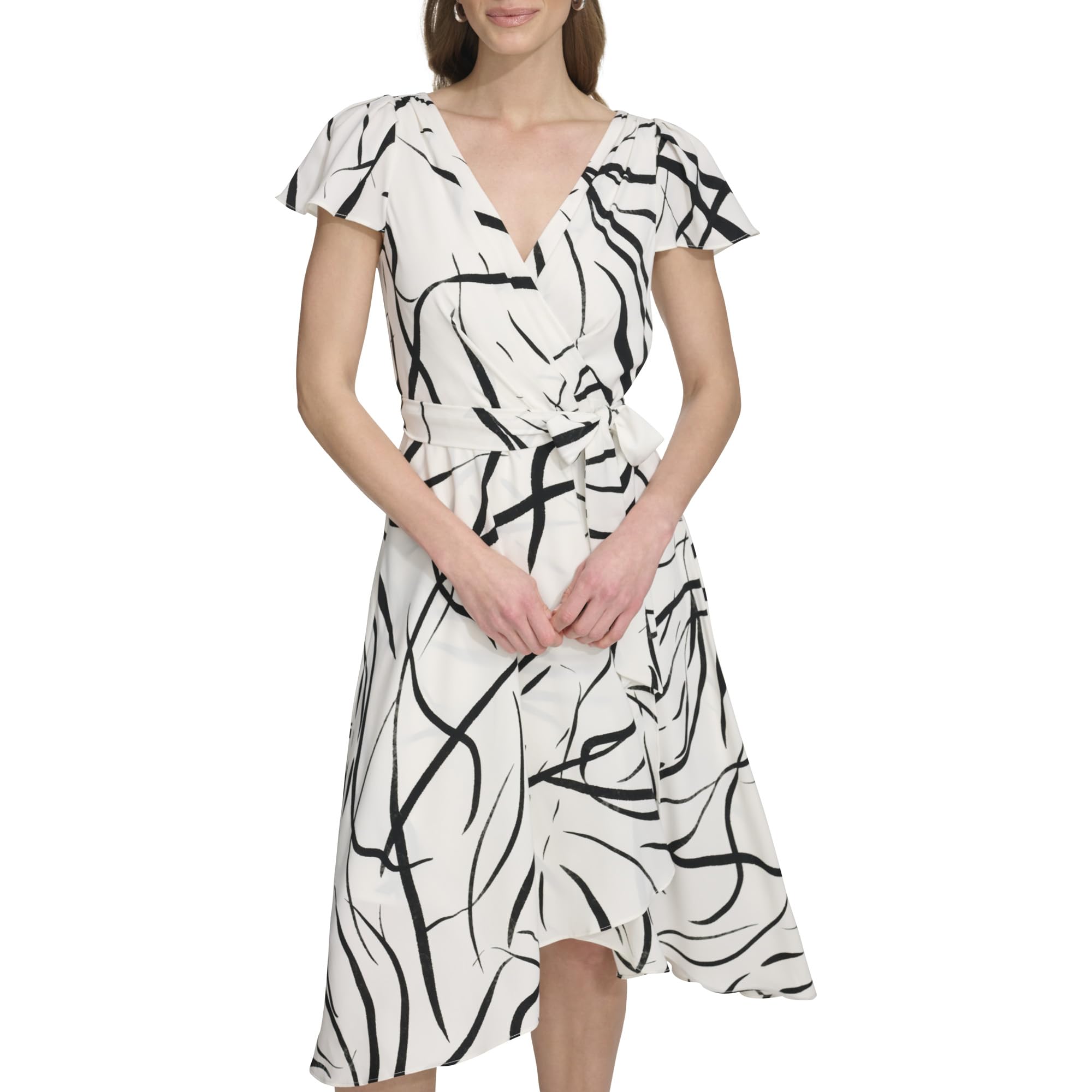DKNY Women's Flutter Sleeve Faux Wrap Dress - Elegant Casual & Office Wear for Women | Perfect for Work, Date Night & Special Occasions
