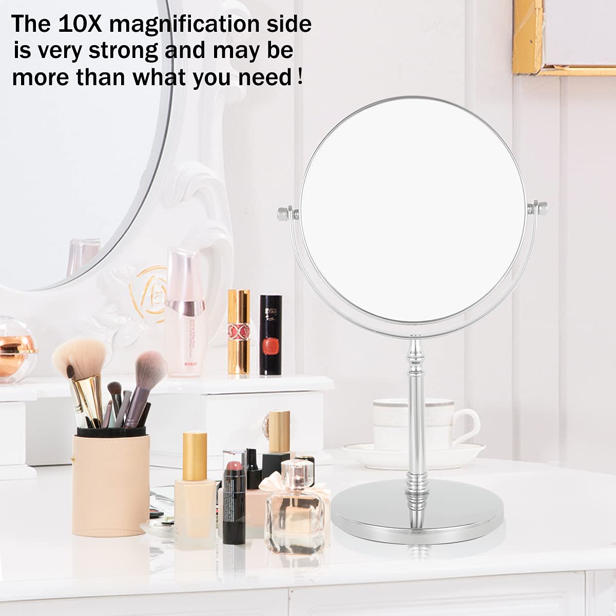 8 Inch 10X Magnifying Mirror with Round Stand - Double Sided 10X/1X Makeup Mirror for Tabletop, Vanity Desk & Bathroom - Perfect for Makeup Application, Skincare Routine & Eyebrow Grooming