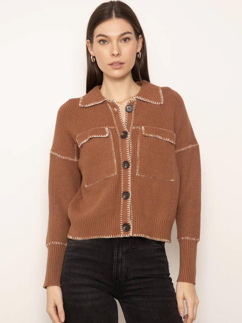 Casey Whipstitch Sweater Jacket for Women - Soft Knit Cardigan with Button Front & Whipstitch Detail in Saddle Brown | Perfect for Fall Layering, Office Wear & Casual Outfits