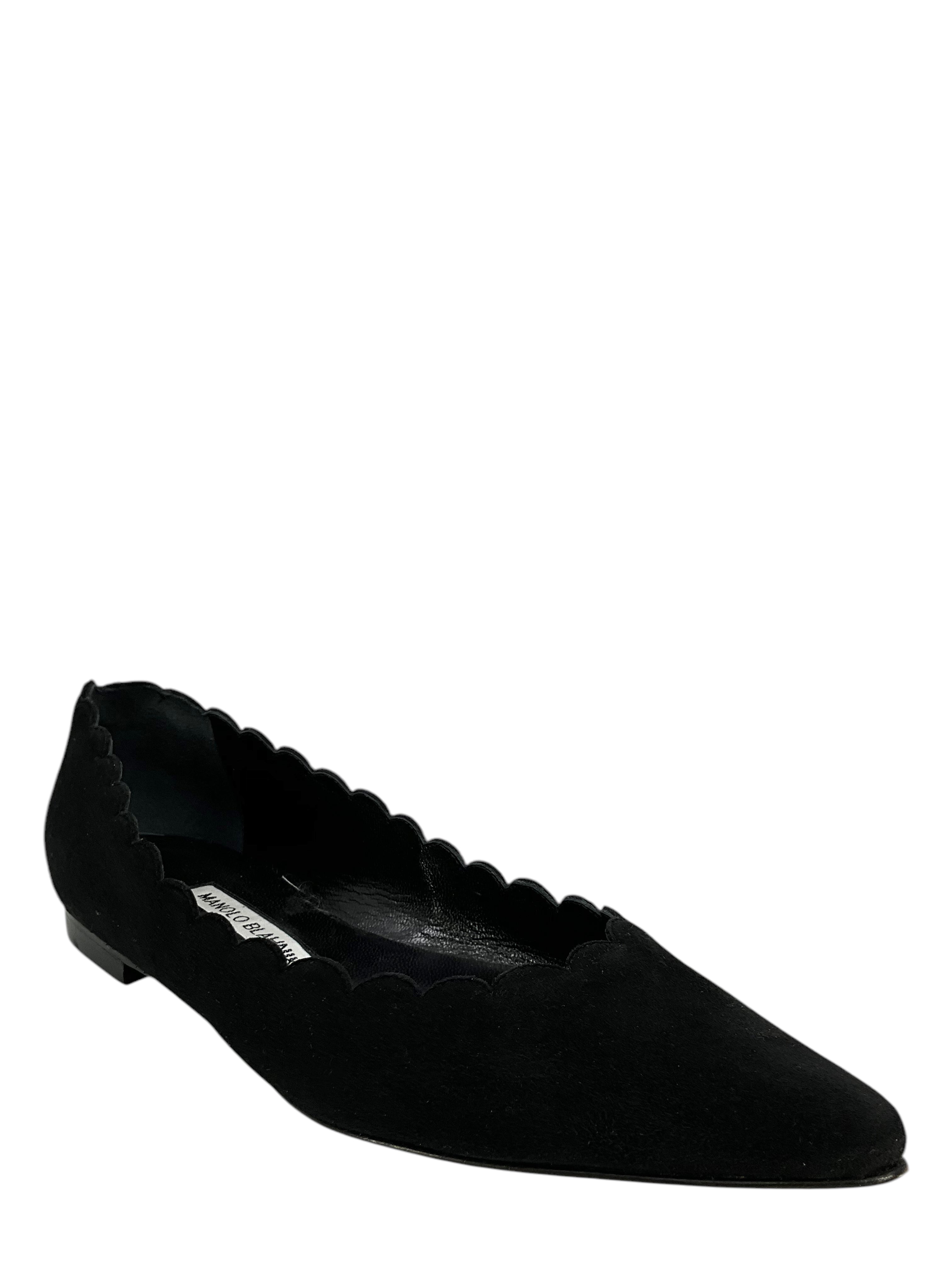 Manolo Blahnik Scalloped Suede Point Toe Flats Women's Size 8 | Comfortable & Stylish Ballet Flats for Work, Office & Casual Wear