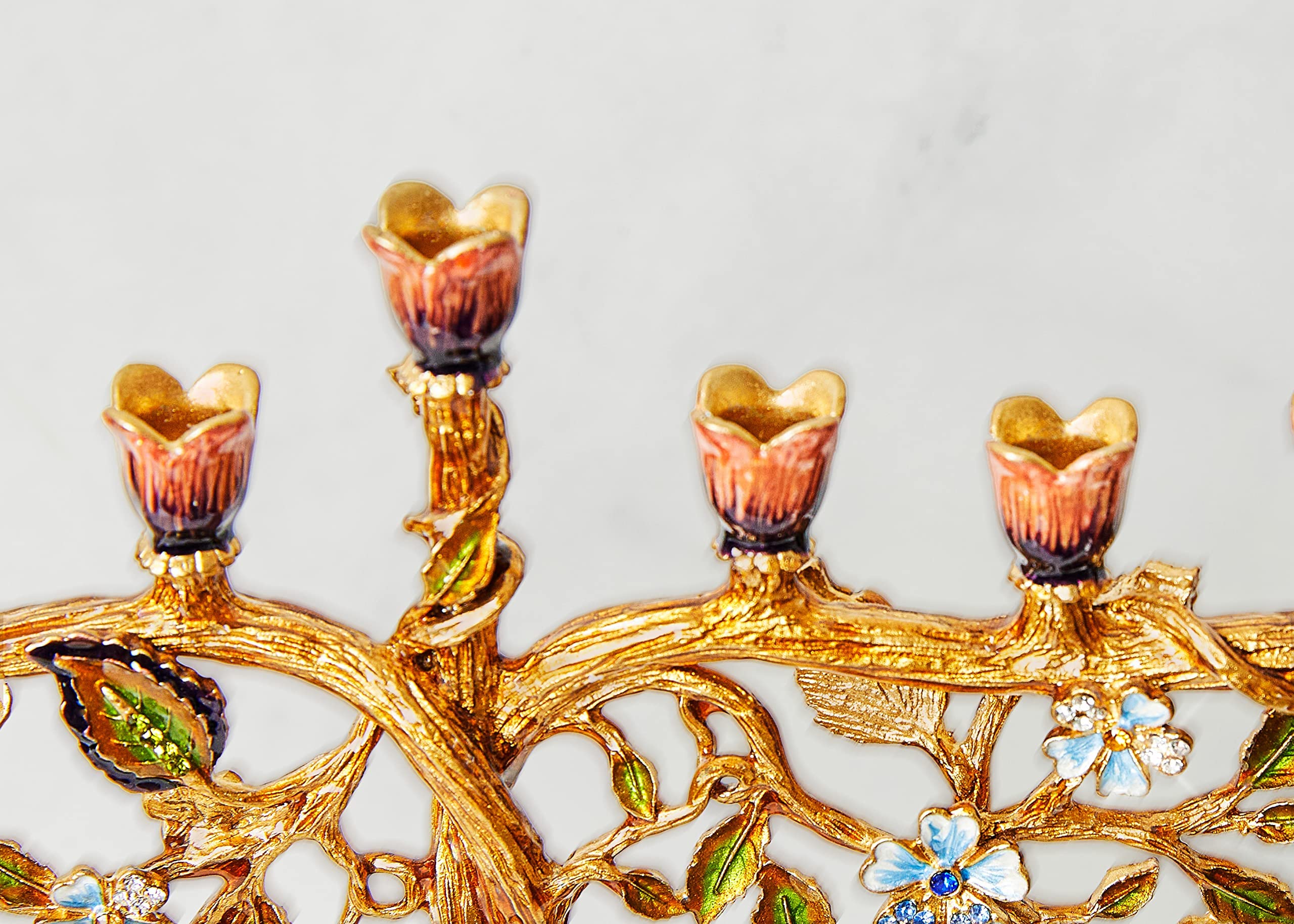 Hand Painted Jewish Menorah Candle Holder - Metal Hanukkah Candelabra with Crystal Embellishments & Floral Vine Design, Fits 9mm (5/16